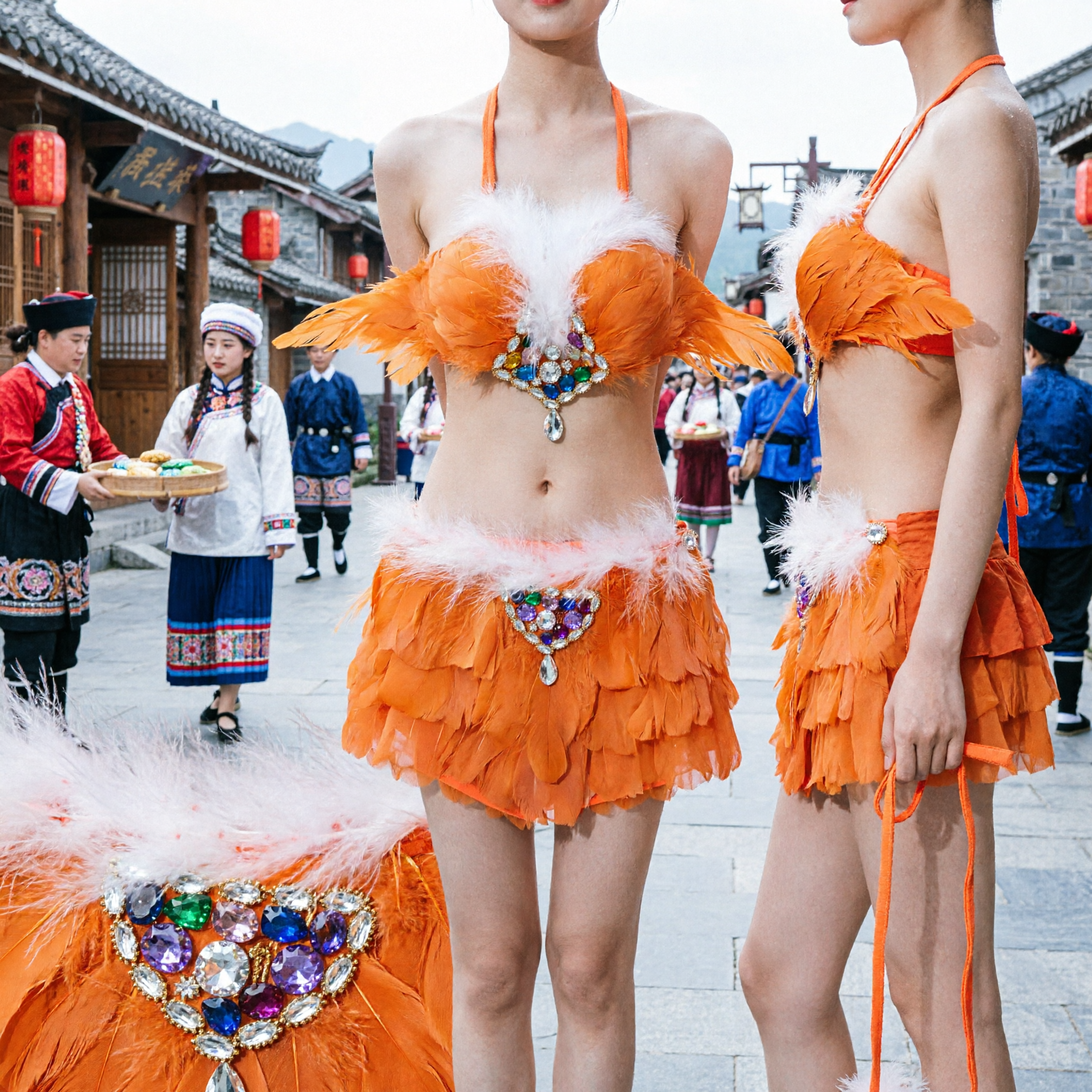 Vibrant Orange Feather Samba Carnival Costume Set with Rhinestones for Women's Stage Performance and Dance Shows