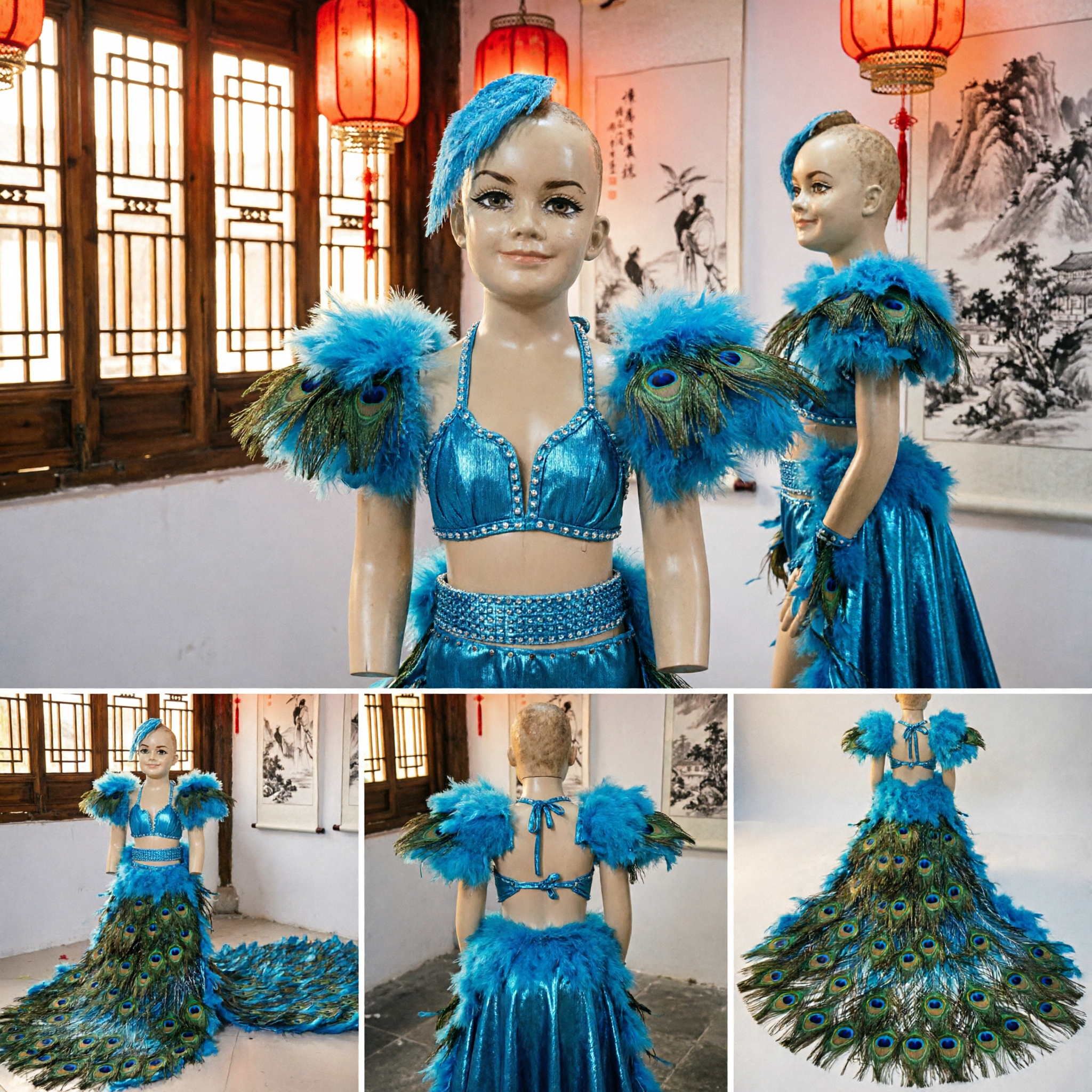 Children Blue Peacock Feather Dance Costume Girls Traditional Stage Performance Outfit with Long Tail Train