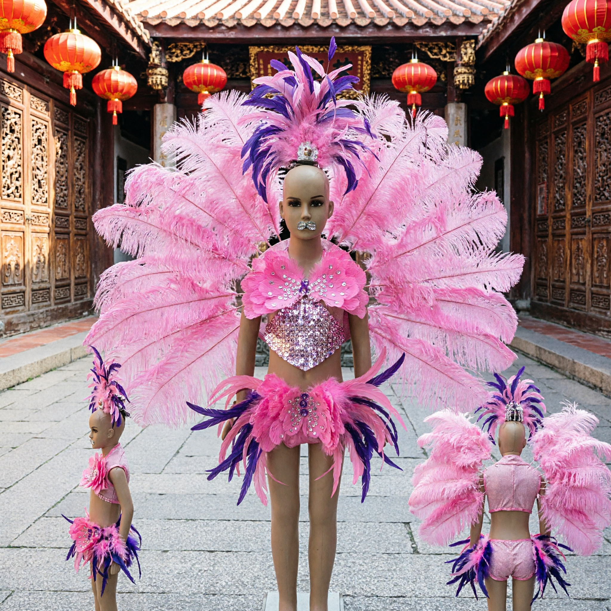 Kids Pink Samba Carnival Costume Set with Feather Wings Headdress Bikini for Stage Dance Performance
