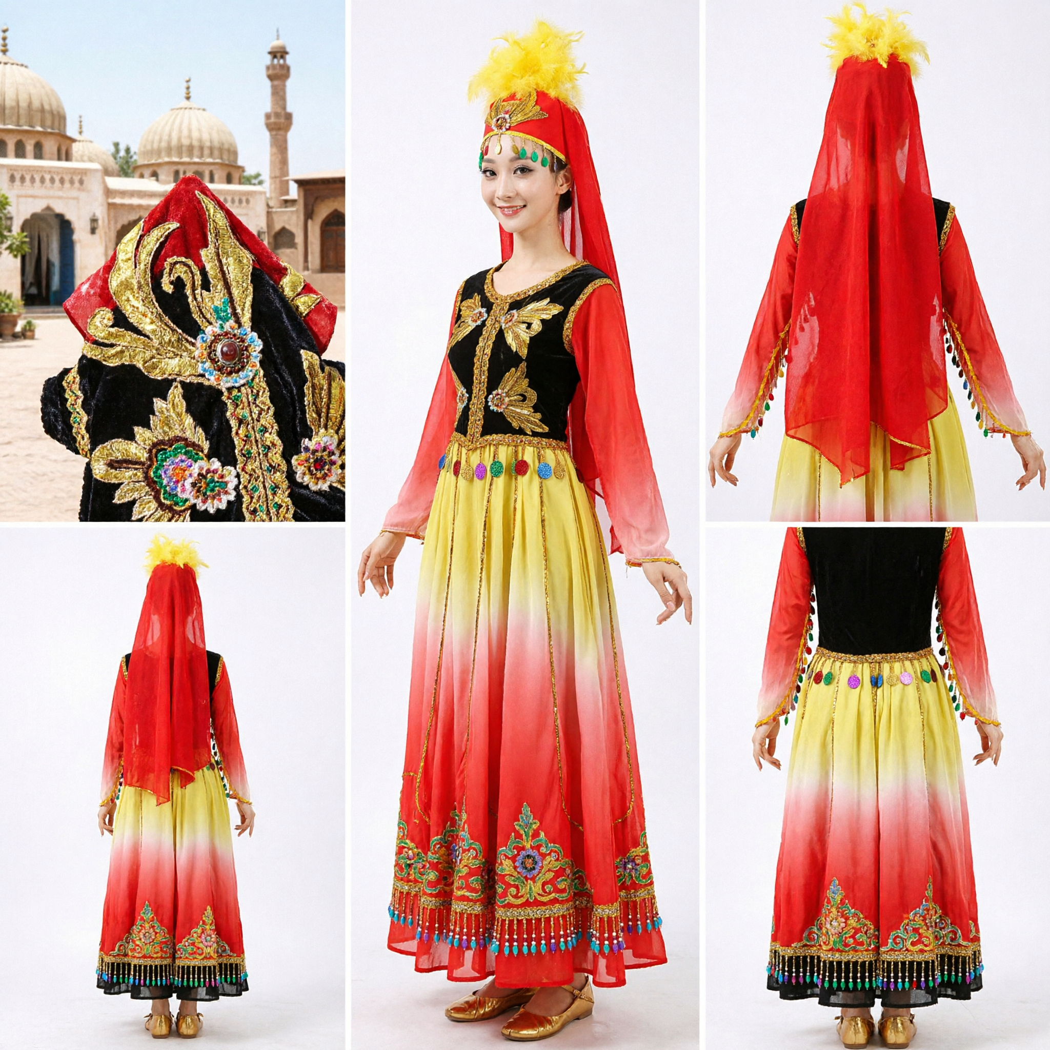 Women's Traditional Xinjiang Dance Costume Uyghur Folk Stage Performance Dress with Embroidered Vest and Gradient Skirt