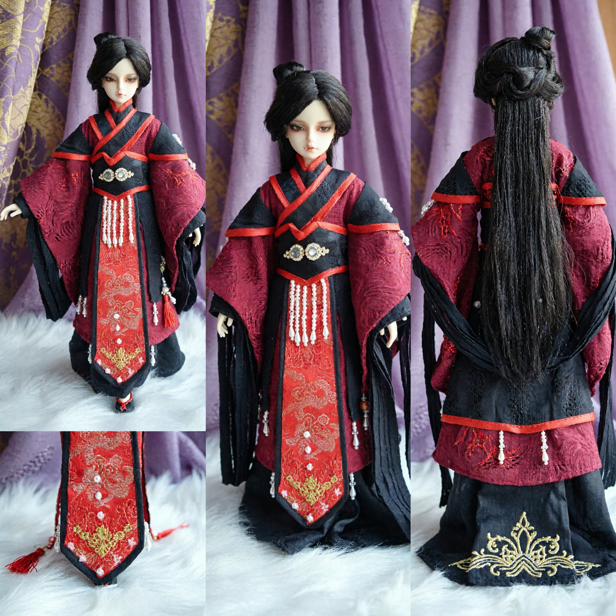 Traditional Chinese Black and Red Hanfu Costume for BJD Dolls Ancient Noble Warrior Outfit
