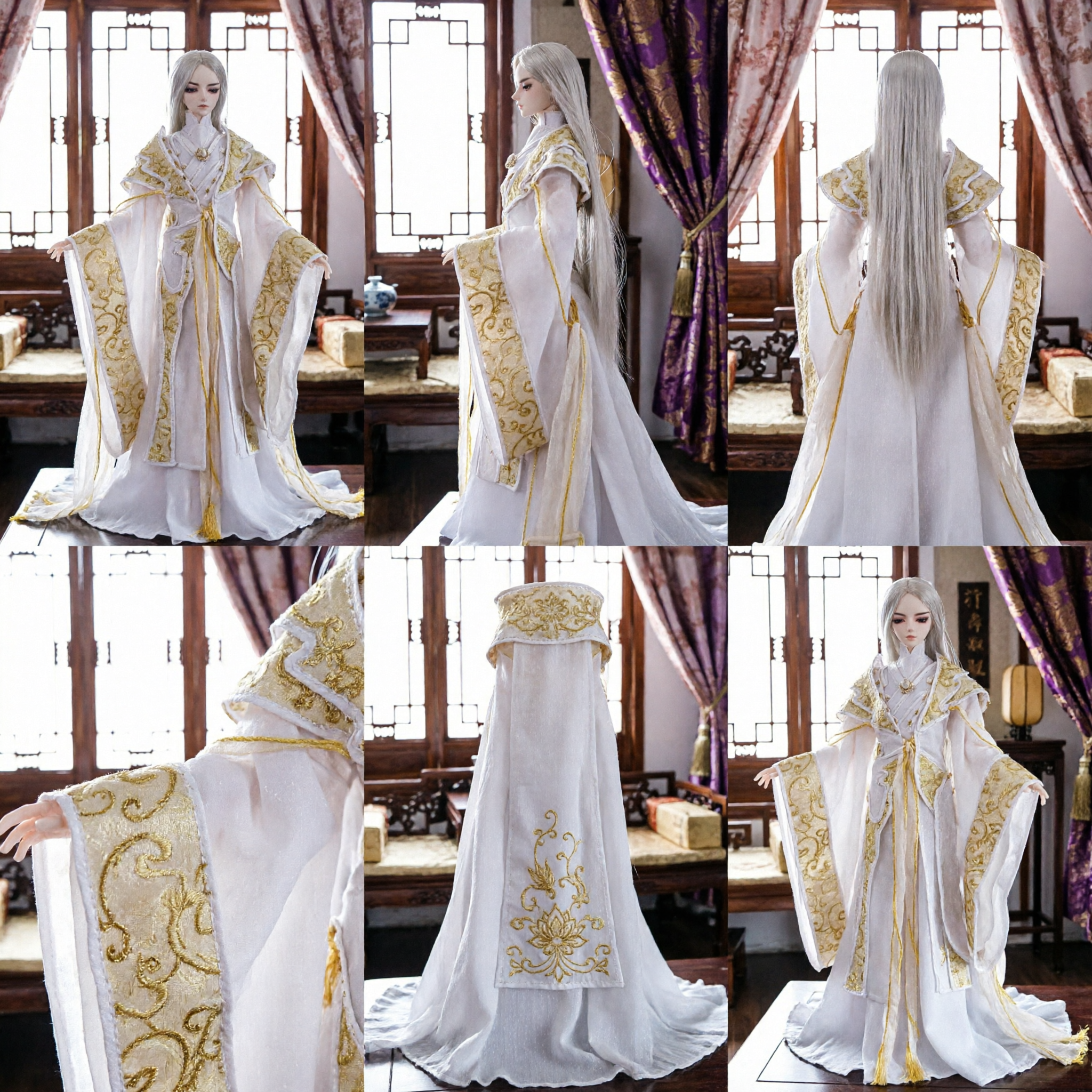 Exquisite Traditional Chinese Hanfu Costume for BJD Dolls White and Gold Embroidered Ancient Xianxia Robe