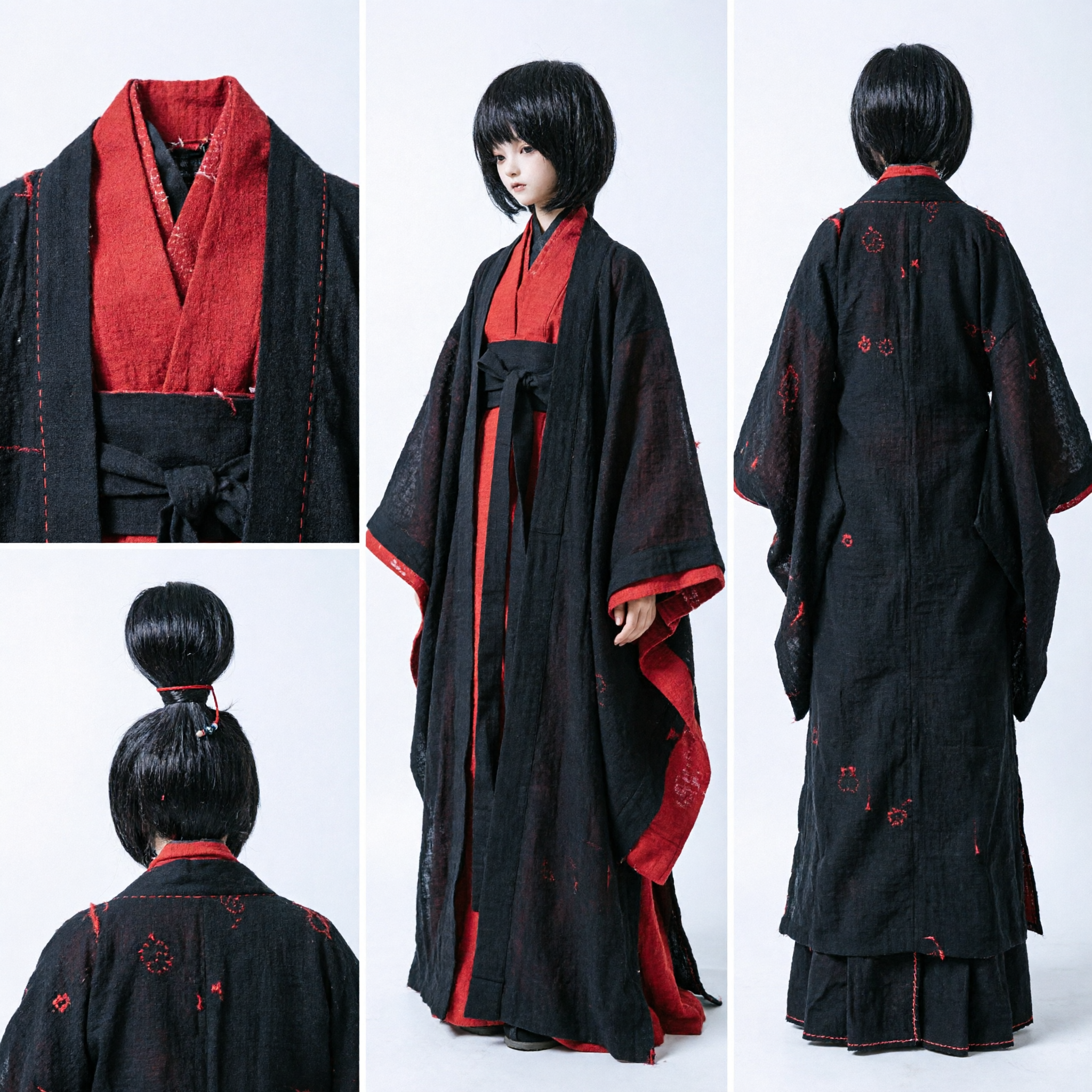 Traditional Chinese Hanfu Ancient Black Robe with Red Lining Costume for BJD Doll Collectors