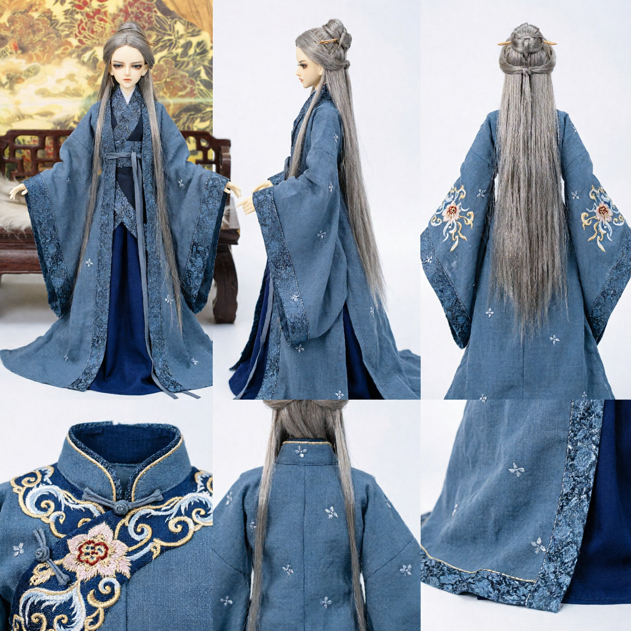 Traditional Chinese Hanfu Costume for Male BJD Doll Ancient Scholar Grey Robe Outfit Set