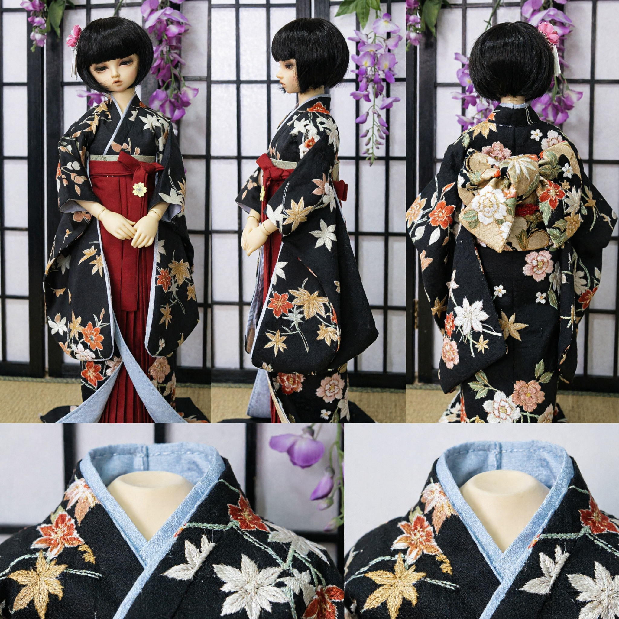 Traditional Japanese Black Kimono with Maple Leaf Pattern and Red Hakama Set for BJD Dolls
