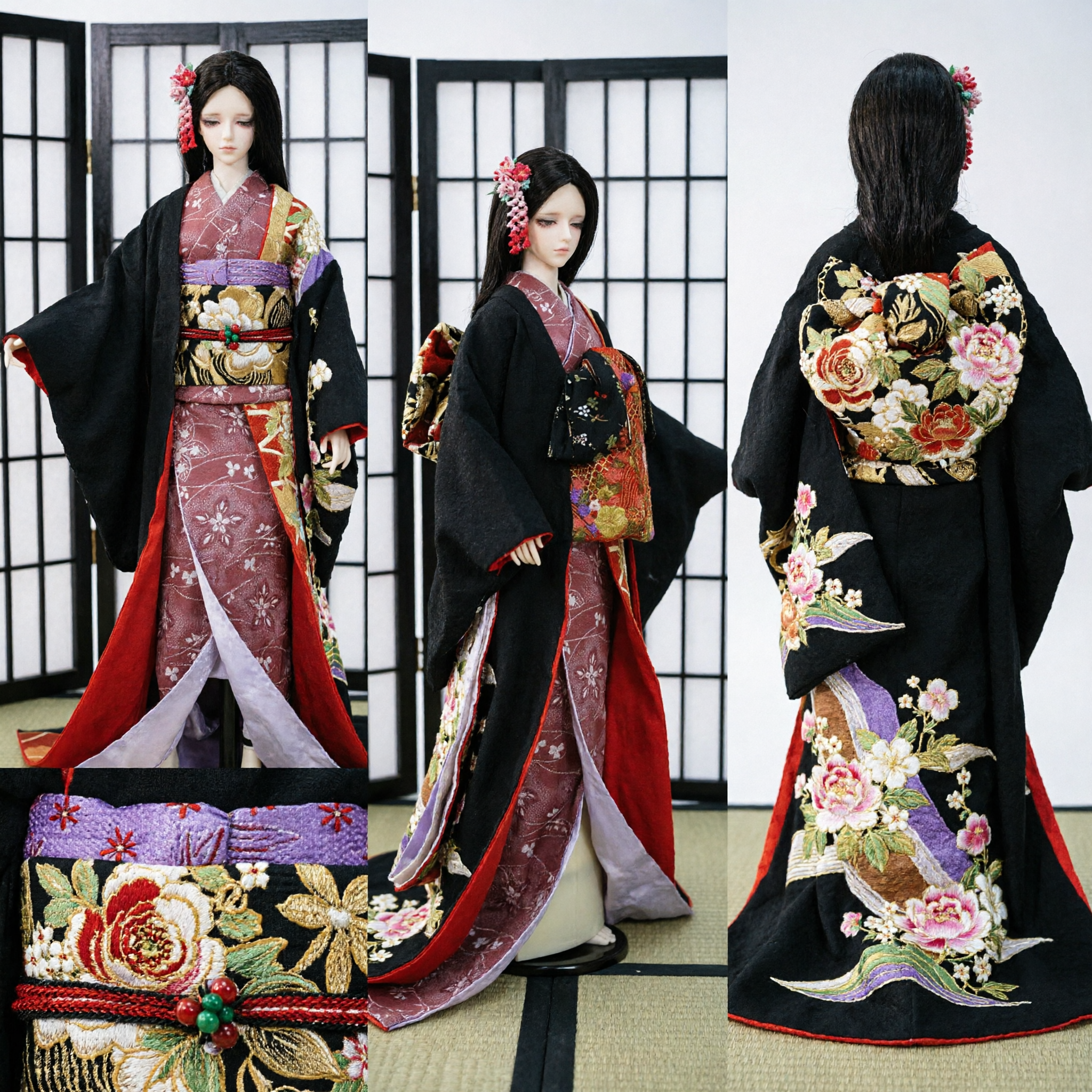Traditional Japanese Kimono Costume for BJD Dolls Geisha Style Outfit with Gold Embroidery and Black Robe
