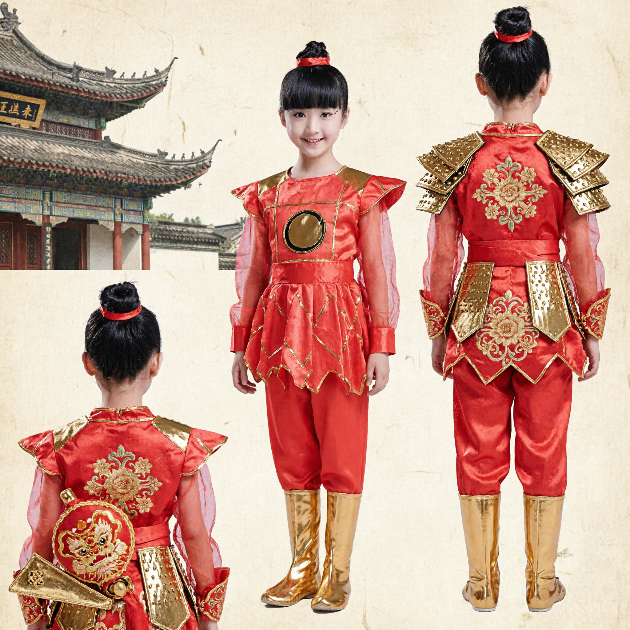 Traditional Chinese Folk Dance Costume Red Martial Arts Warrior Outfit for Kids Girls Performance
