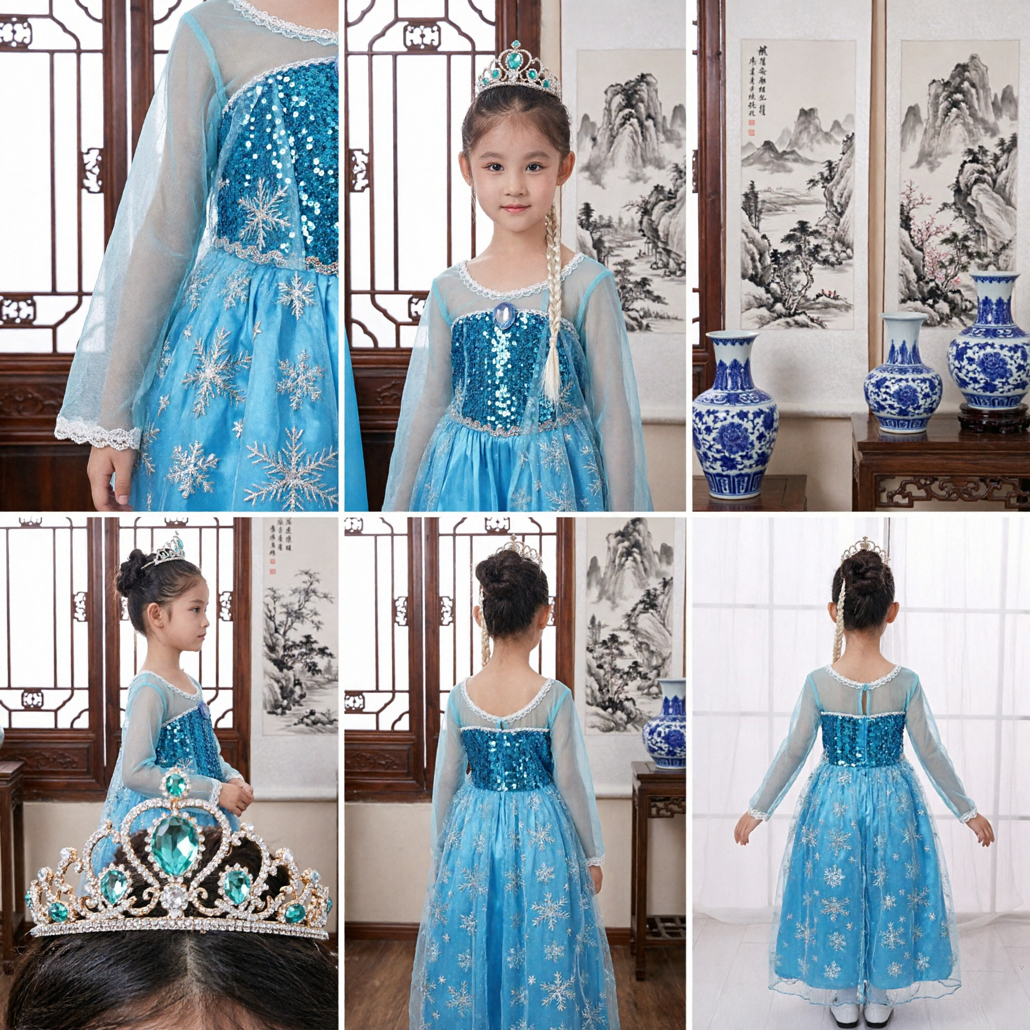 Girls Frozen Elsa Princess Costume Blue Sequin Dress with Crown and Wand for Halloween Party