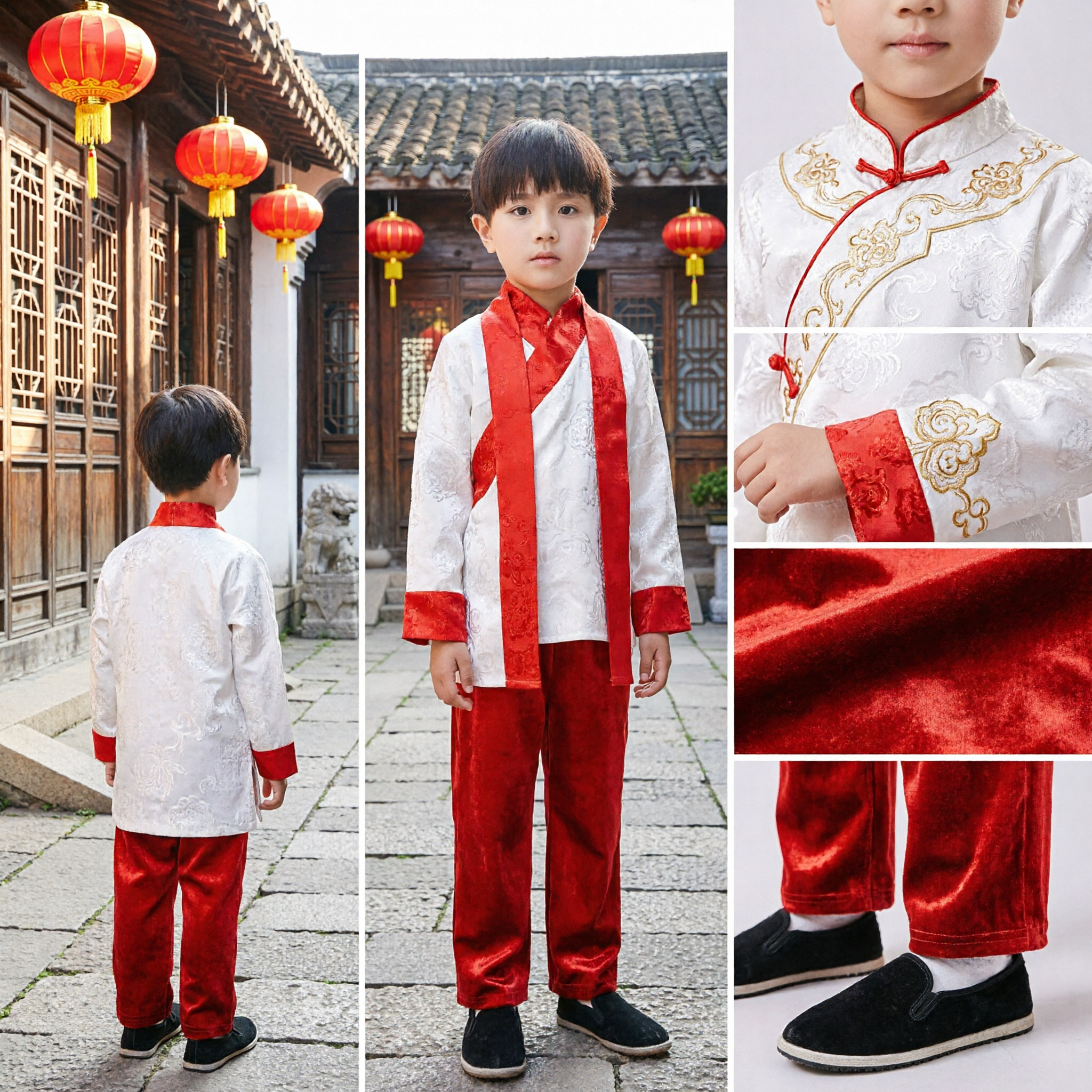 Traditional Chinese Boy Kung Fu Costume Red and White Tang Suit Kids Folk Dance Performance Outfit