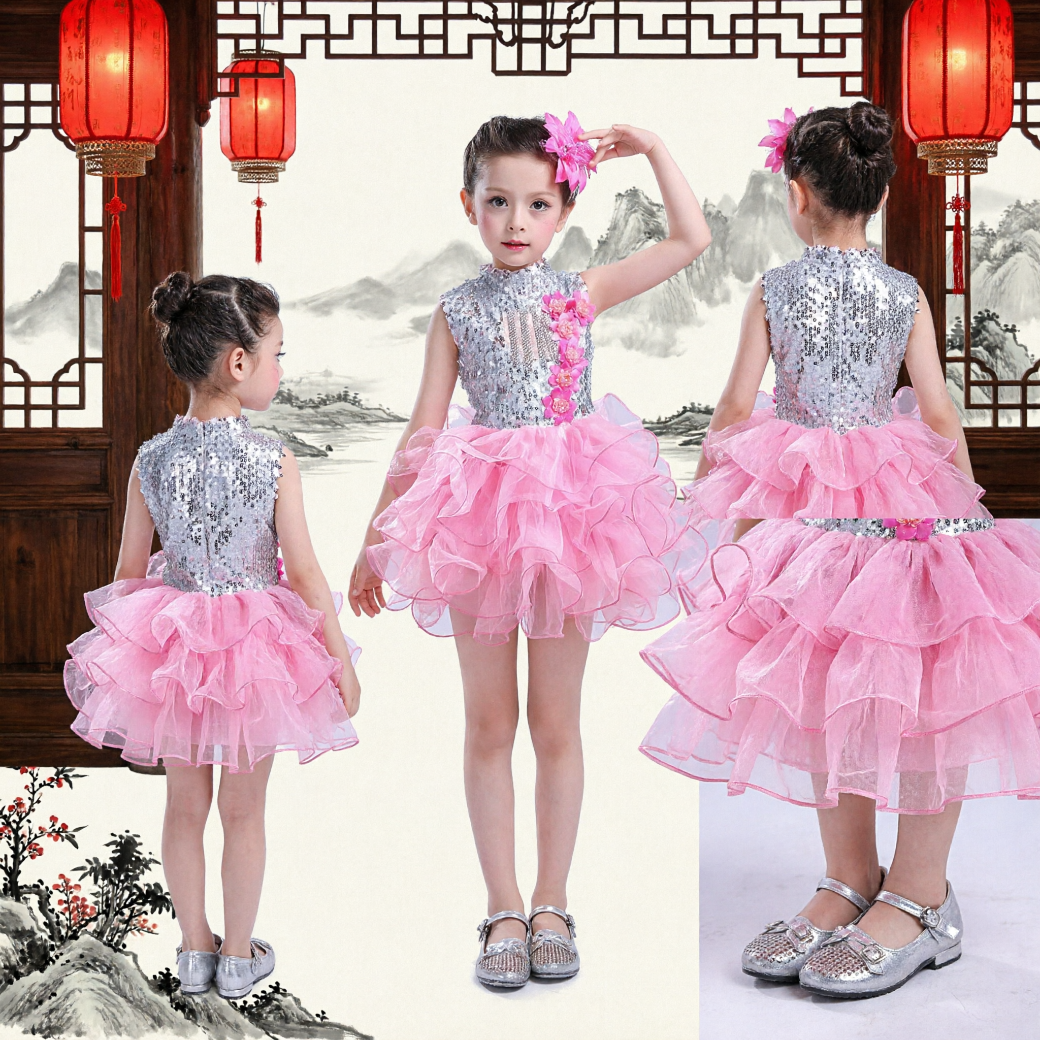 Kids Girls Modern Dance Costume Silver Sequin Bodice Pink Ruffled Tutu Skirt Stage Performance Outfit
