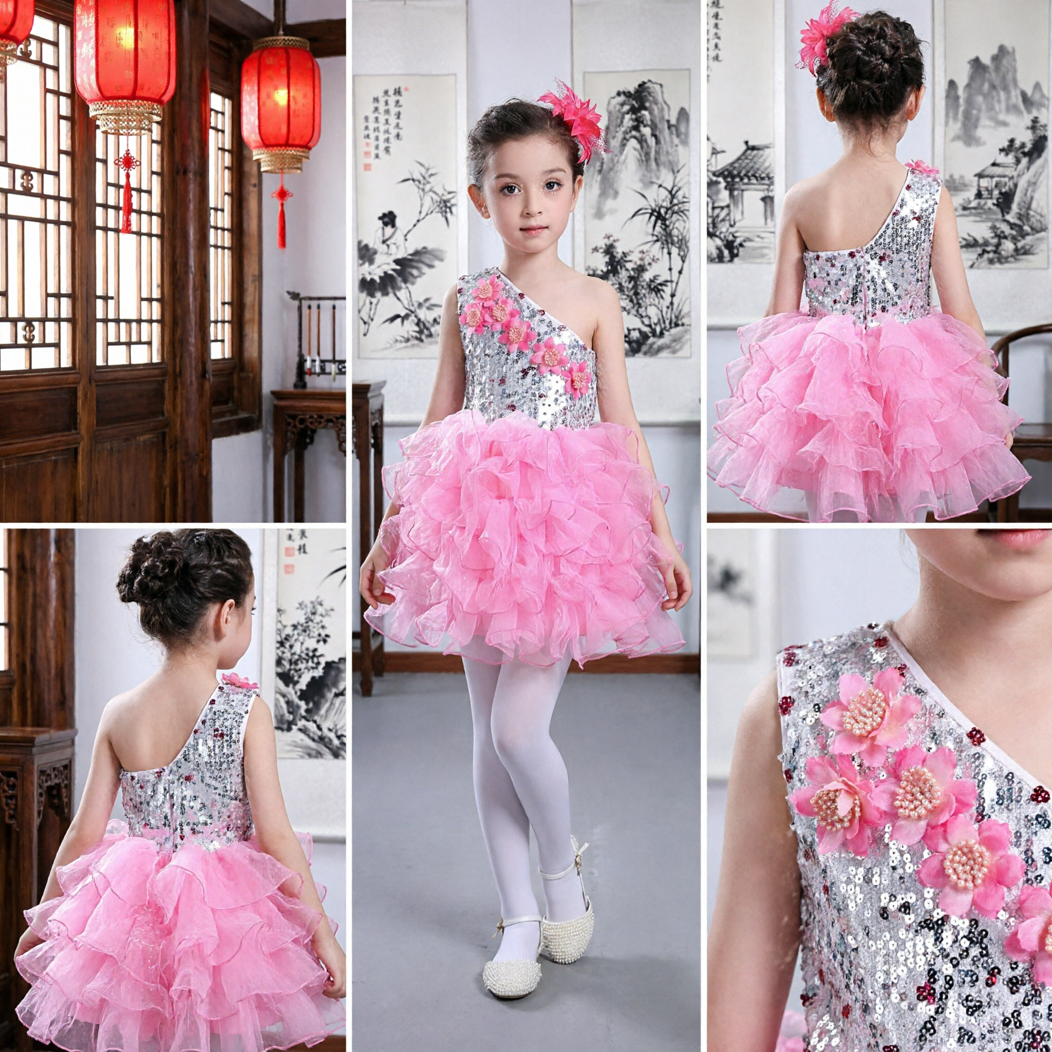 Kids Girls Pink Sequin One-Shoulder Ballet Dance Dress Floral Tulle Skirt Stage Performance Costume