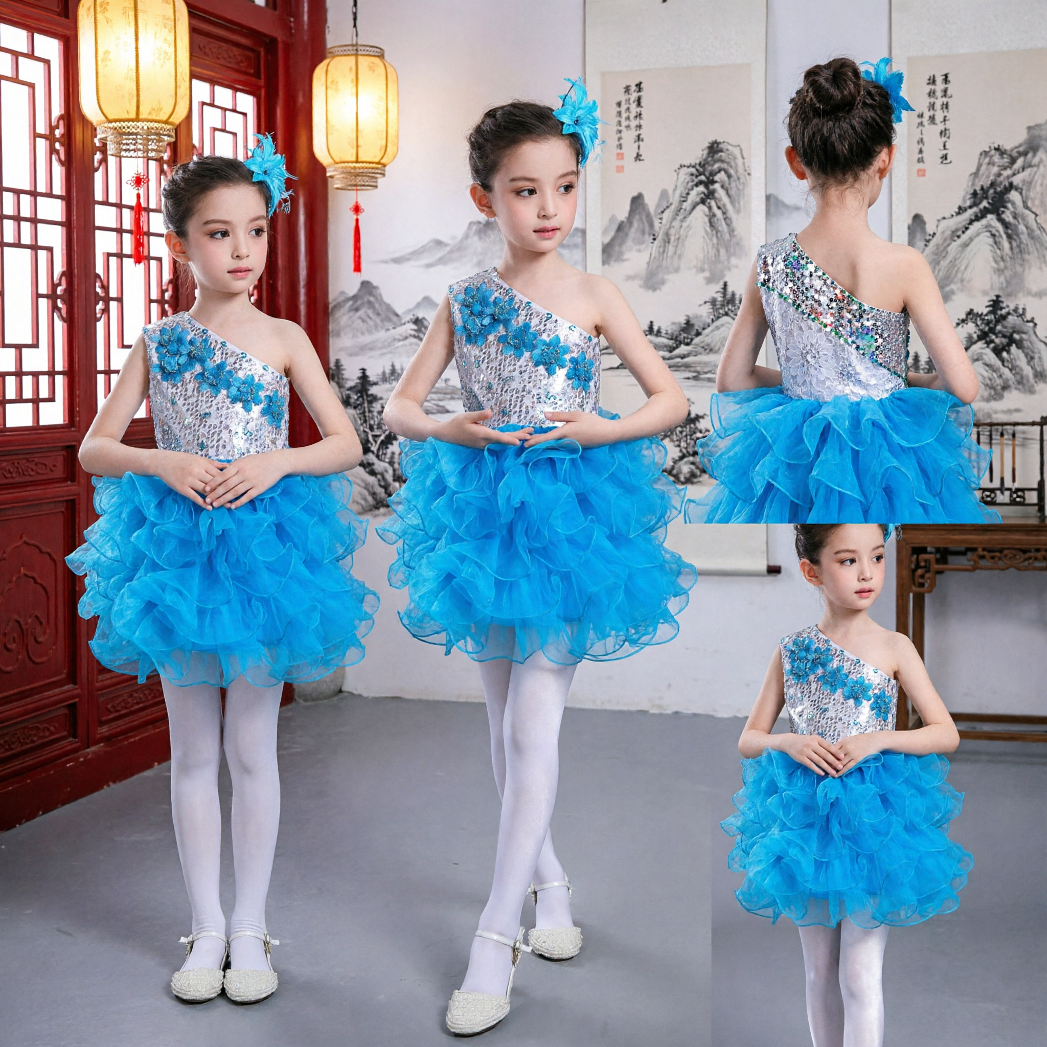 Girls Blue One Shoulder Sequin Flower Dance Dress Kids Performance Costume Ruffled Tulle Skirt