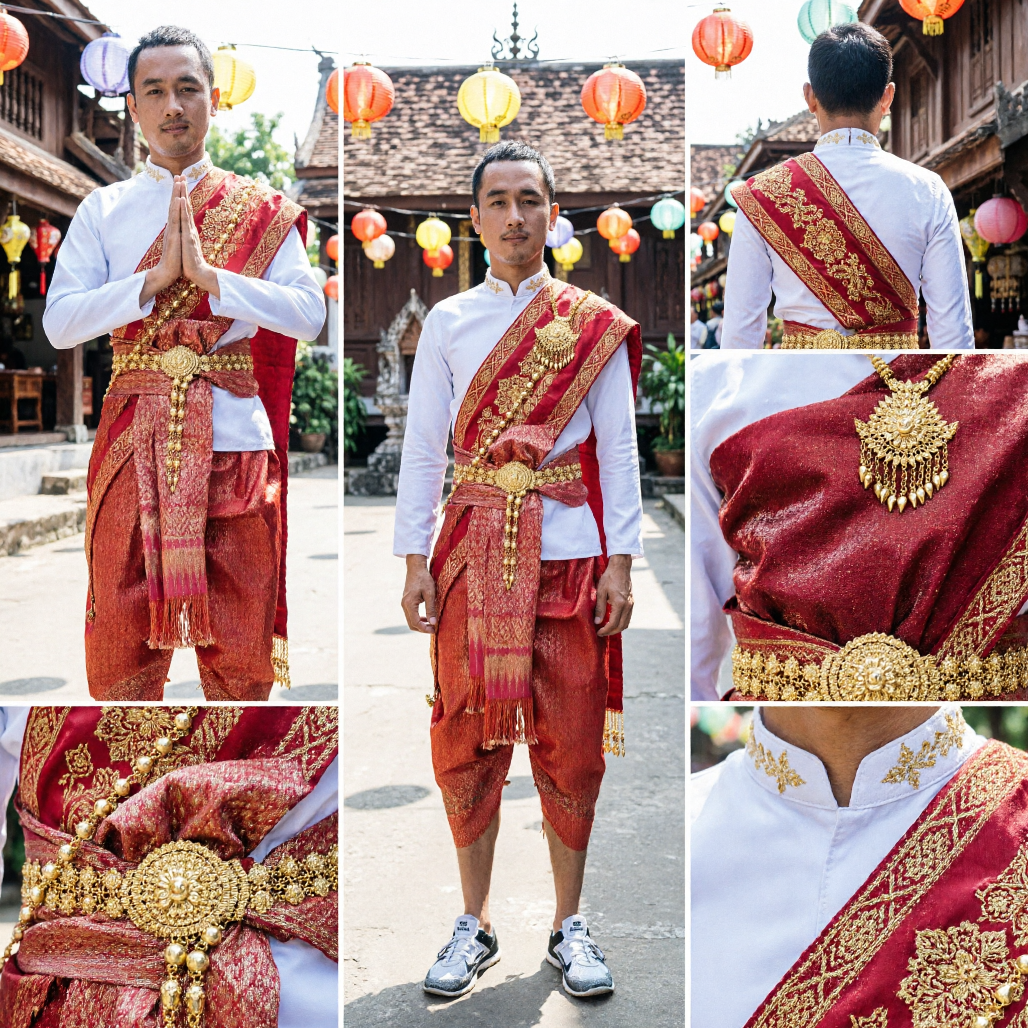 Men's Traditional Thai Costume Red and Gold Formal Suit for Cultural Dance and Weddings