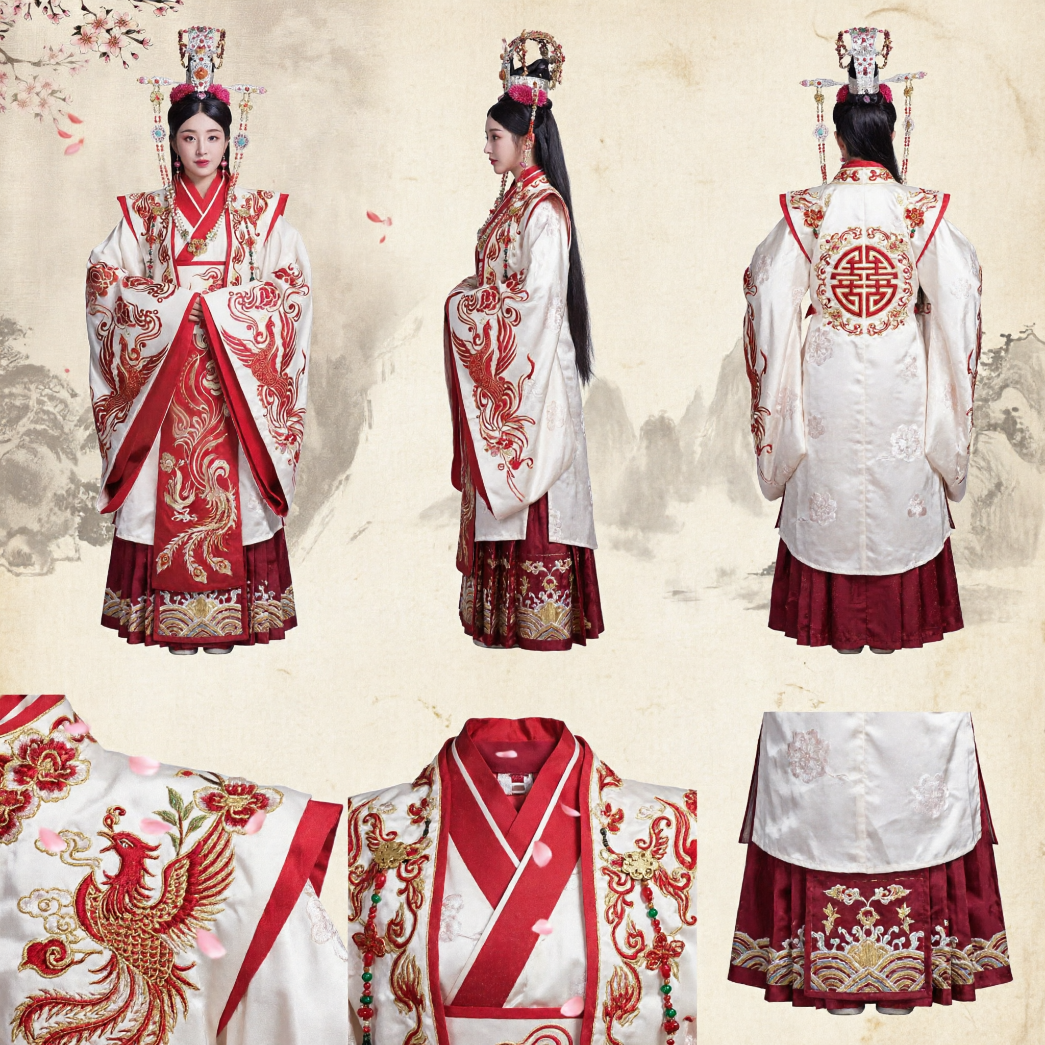 Traditional Chinese Hanfu Costume Ancient Empress Phoenix Robe Red and White Embroidery Dress for Women Wedding Cosplay