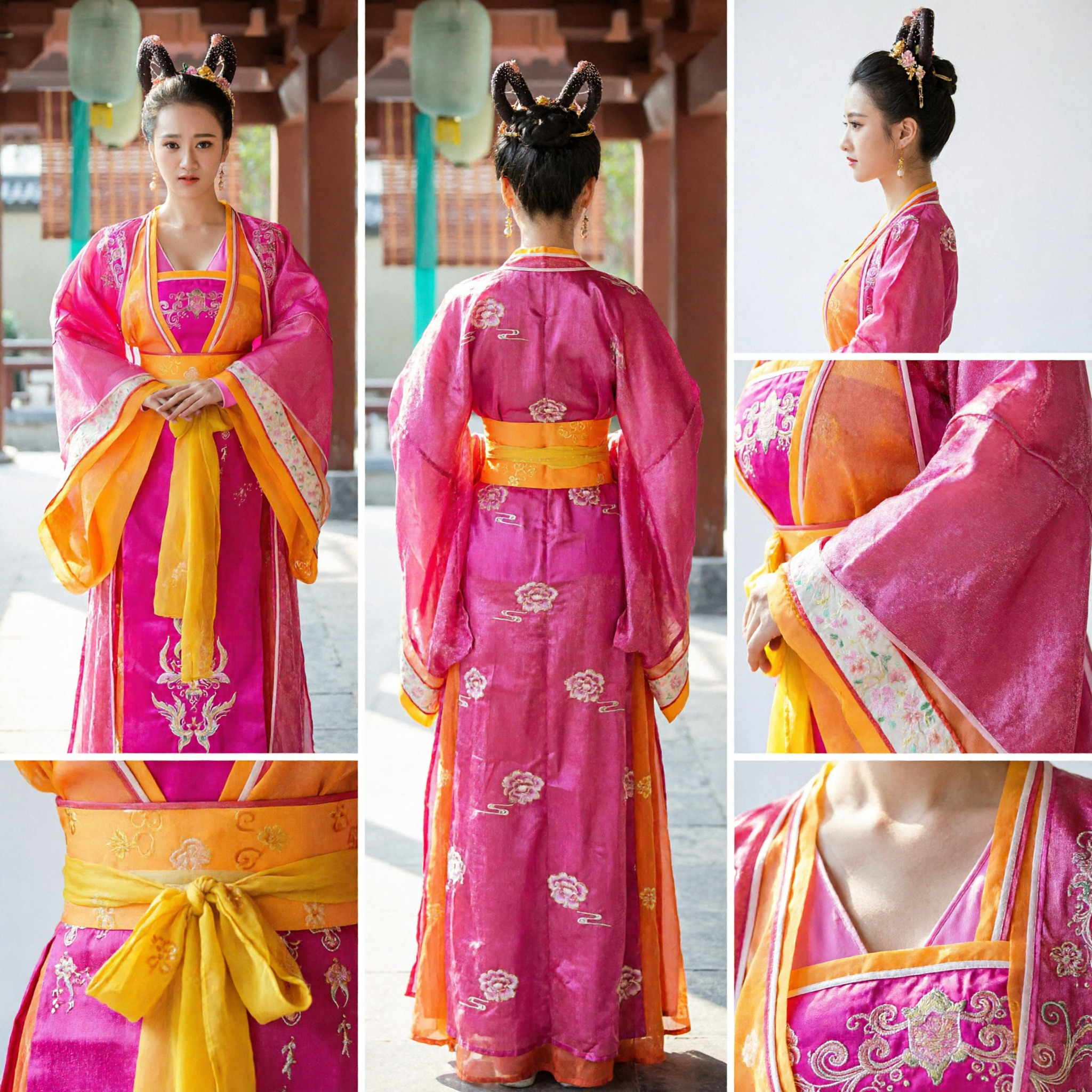 Chinese Ancient Palace Lady Costume Tang Dynasty Princess Hanfu Pink Orange Embroidered Dress for Women
