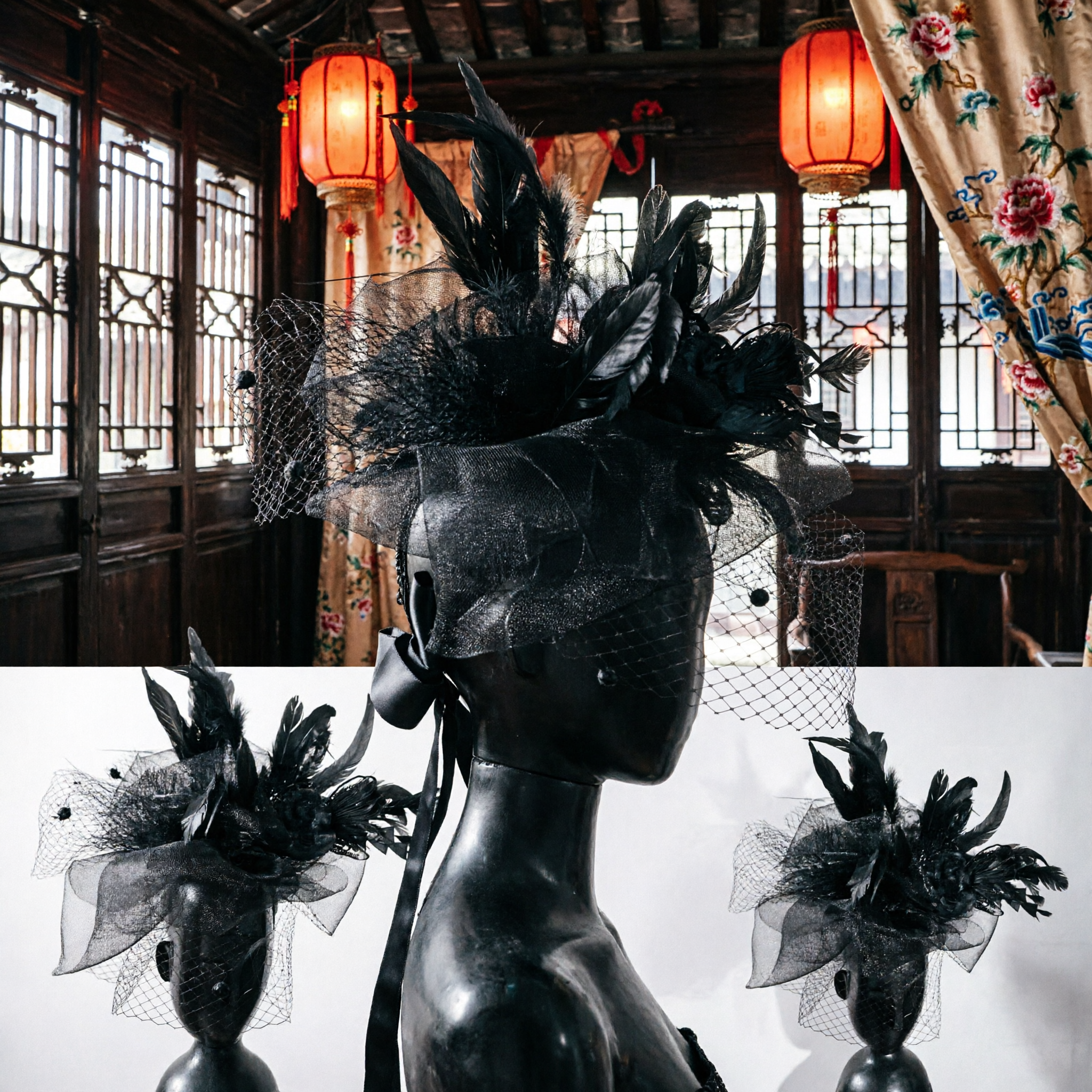 Elegant Black Feather Fascinator with Birdcage Veil for Women Formal Wedding Party Race Day Hat