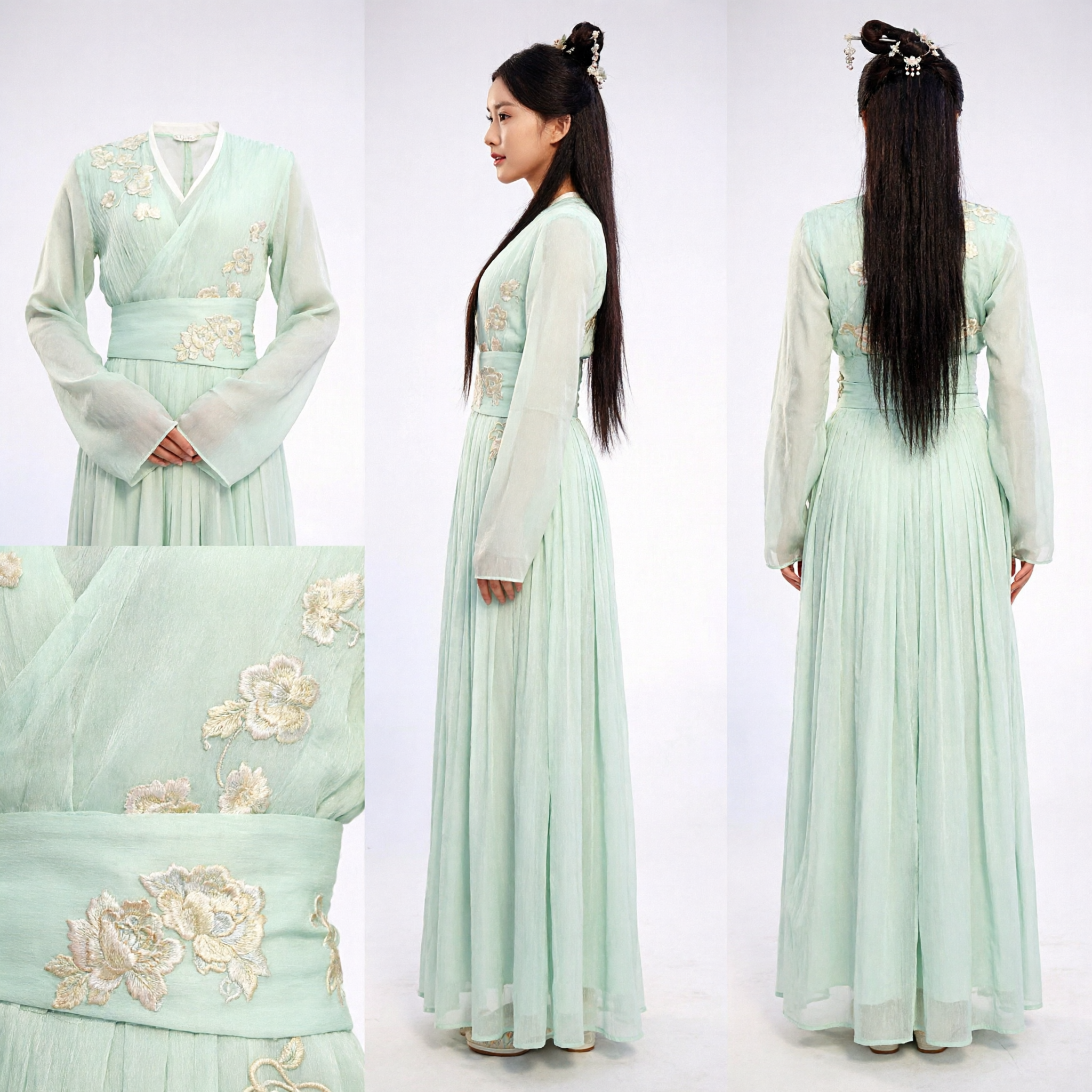 Elegant Mint Green Hanfu Dress Traditional Chinese Ancient Costume for Women with Floral Embroidery for Stage Performance