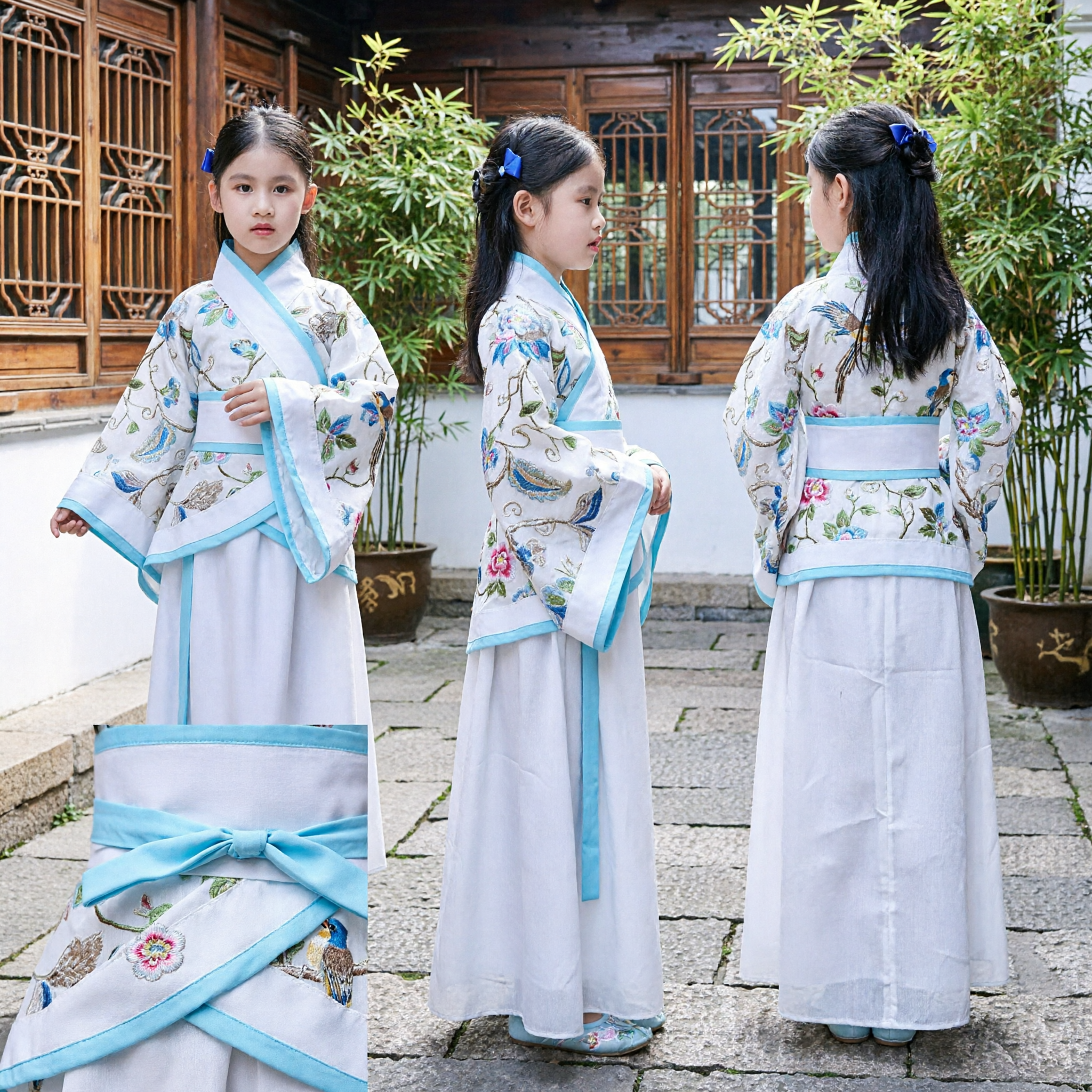 Traditional Chinese Hanfu for Kids Girls Ancient Embroidered Blue Robe Skirt Set Cultural Performance Costume