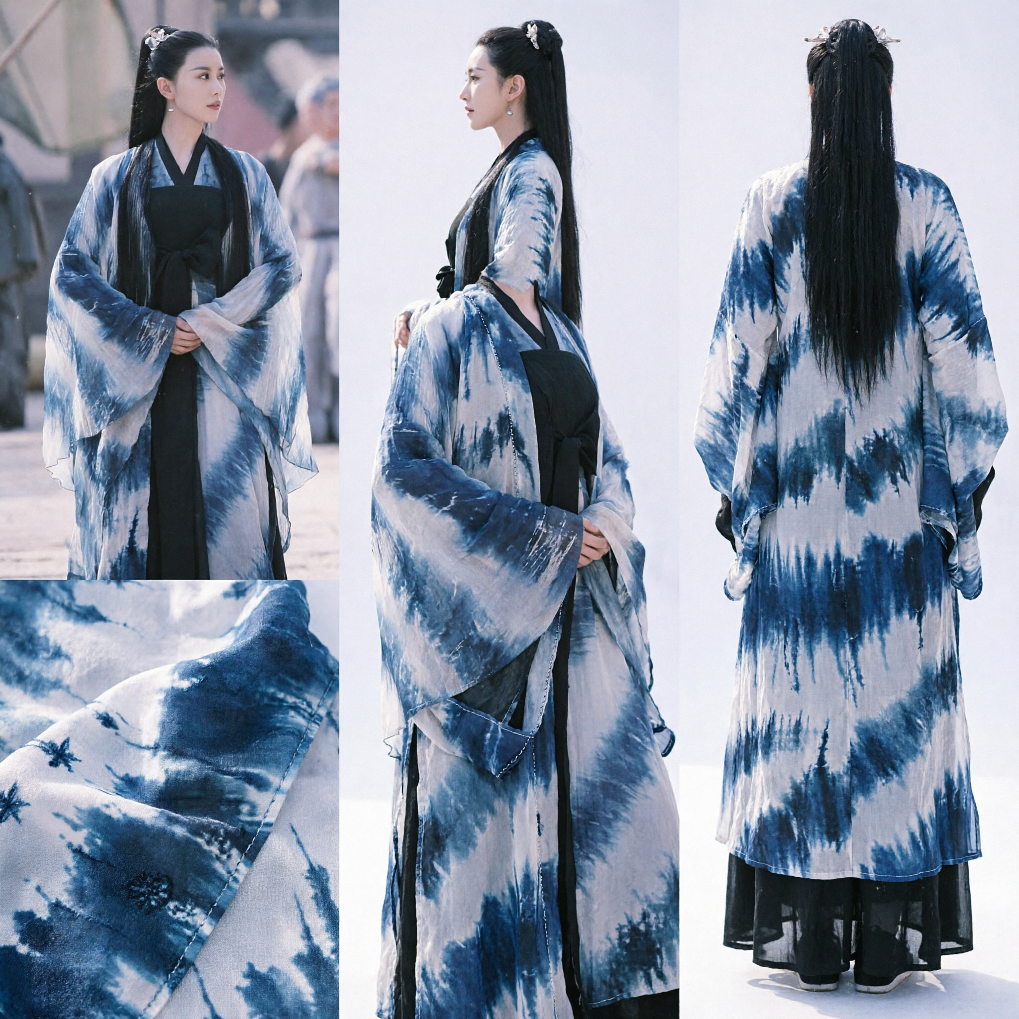 Ancient Chinese Hanfu Costume Blue Tie-Dye Wide Sleeve Robe for Women Wuxia Historical Cosplay Dress