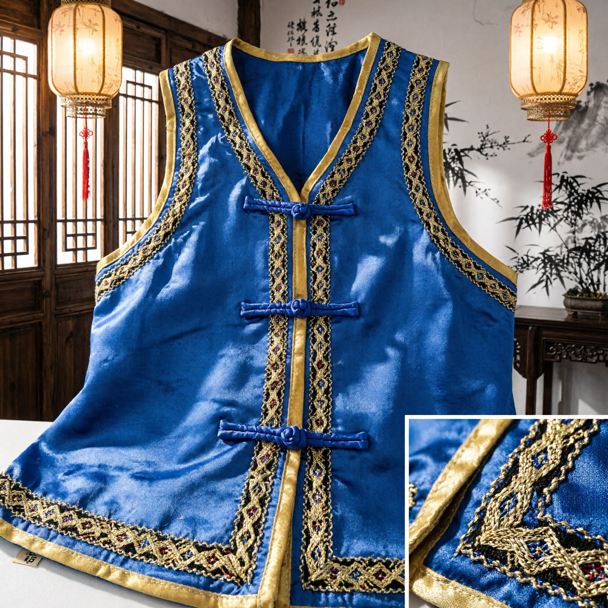 Traditional Chinese Blue Silk Tang Suit Vest Men's Folk Costume Waistcoat with Frog Buttons for Festivals
