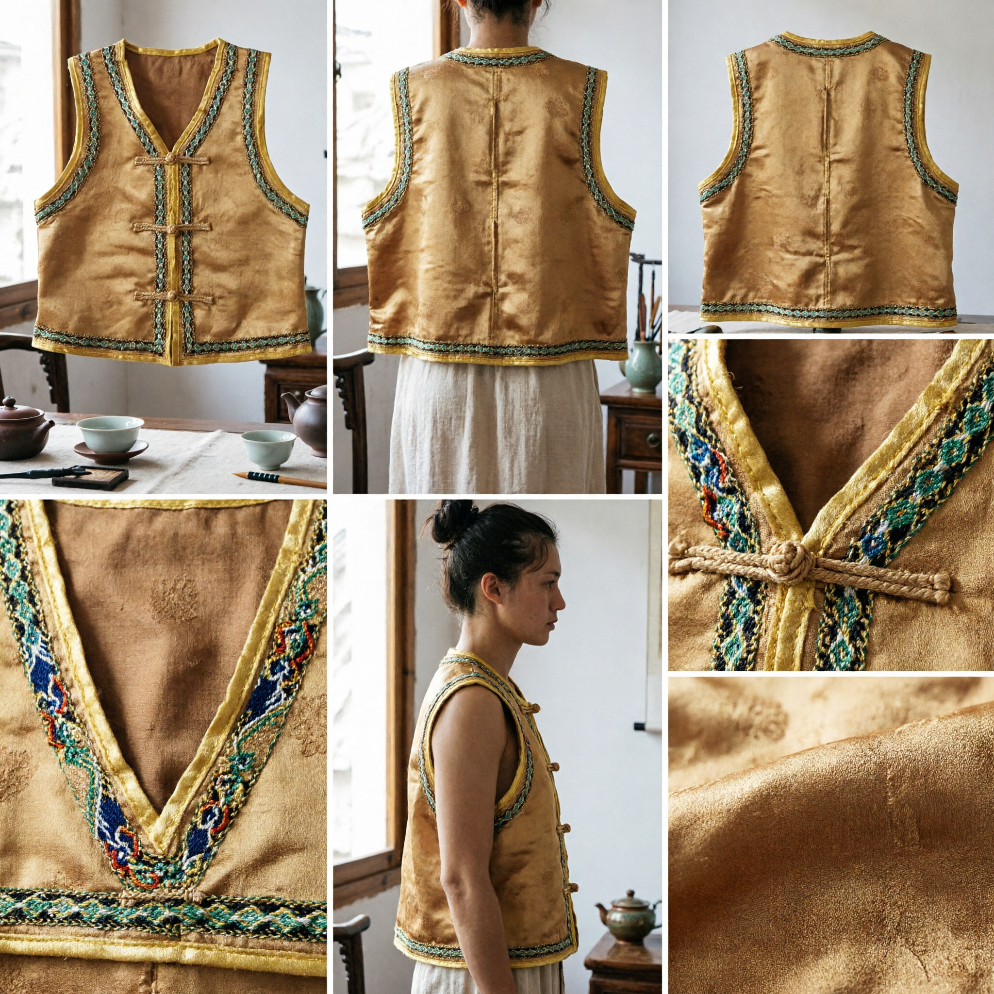 Traditional Chinese Gold Brocade Vest Tang Suit Waistcoat with Frog Buttons for Festival Performance