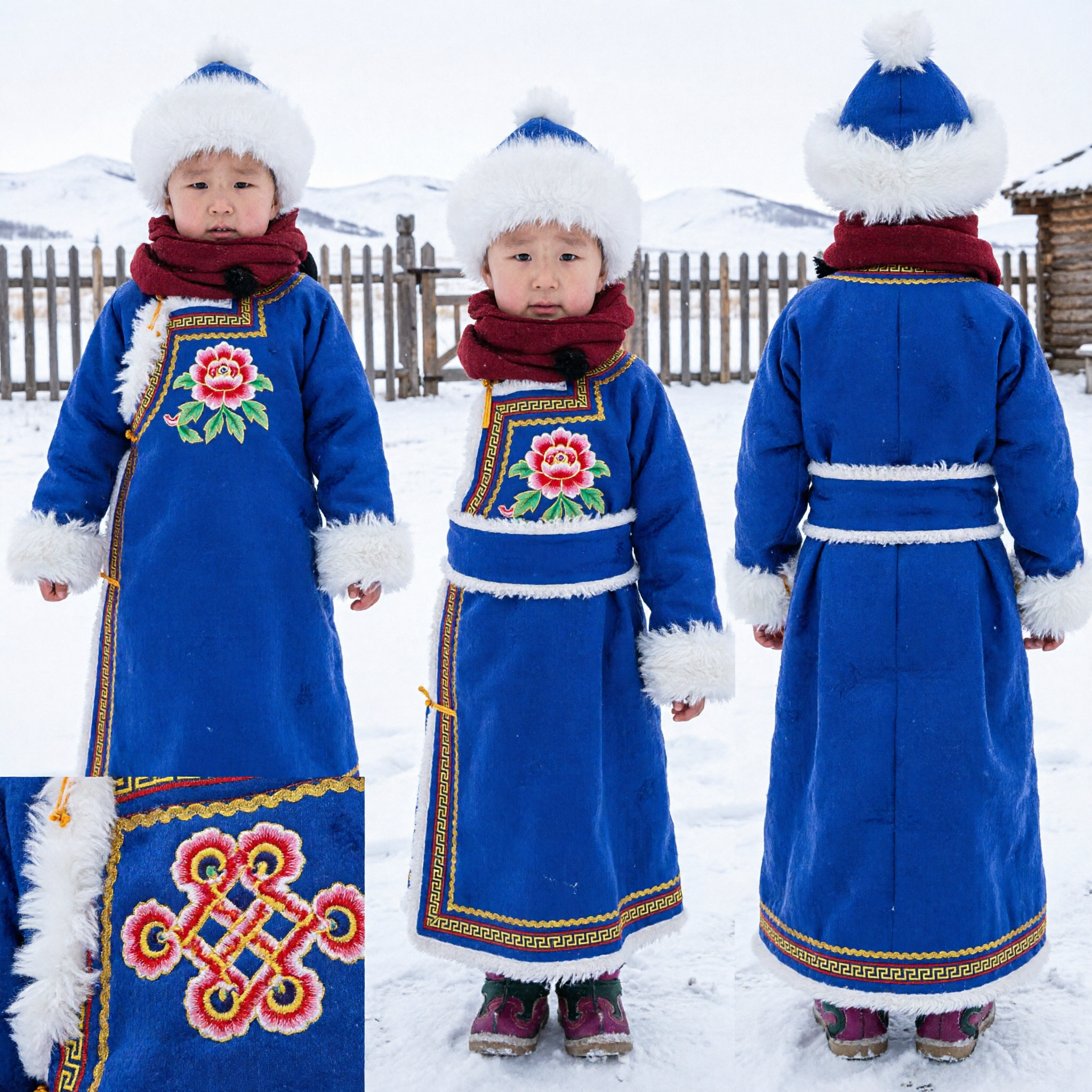 Traditional Mongolian Blue Winter Robe for Kids Ethnic Costume Set with Fur Hat and Scarf