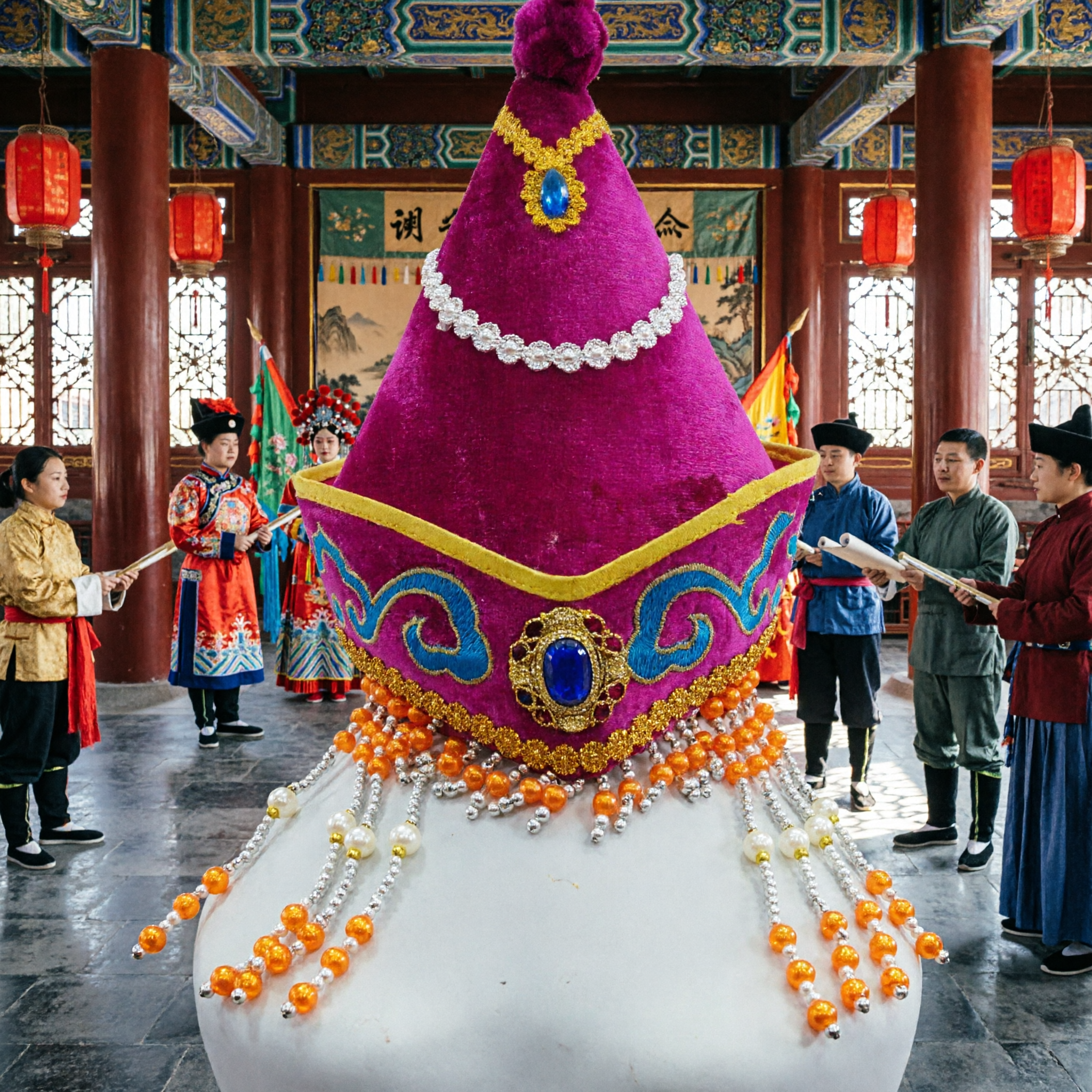 Traditional Mongolian Princess Crown Purple Velvet Hat with Pearls and Beads for Folk Dance Performance