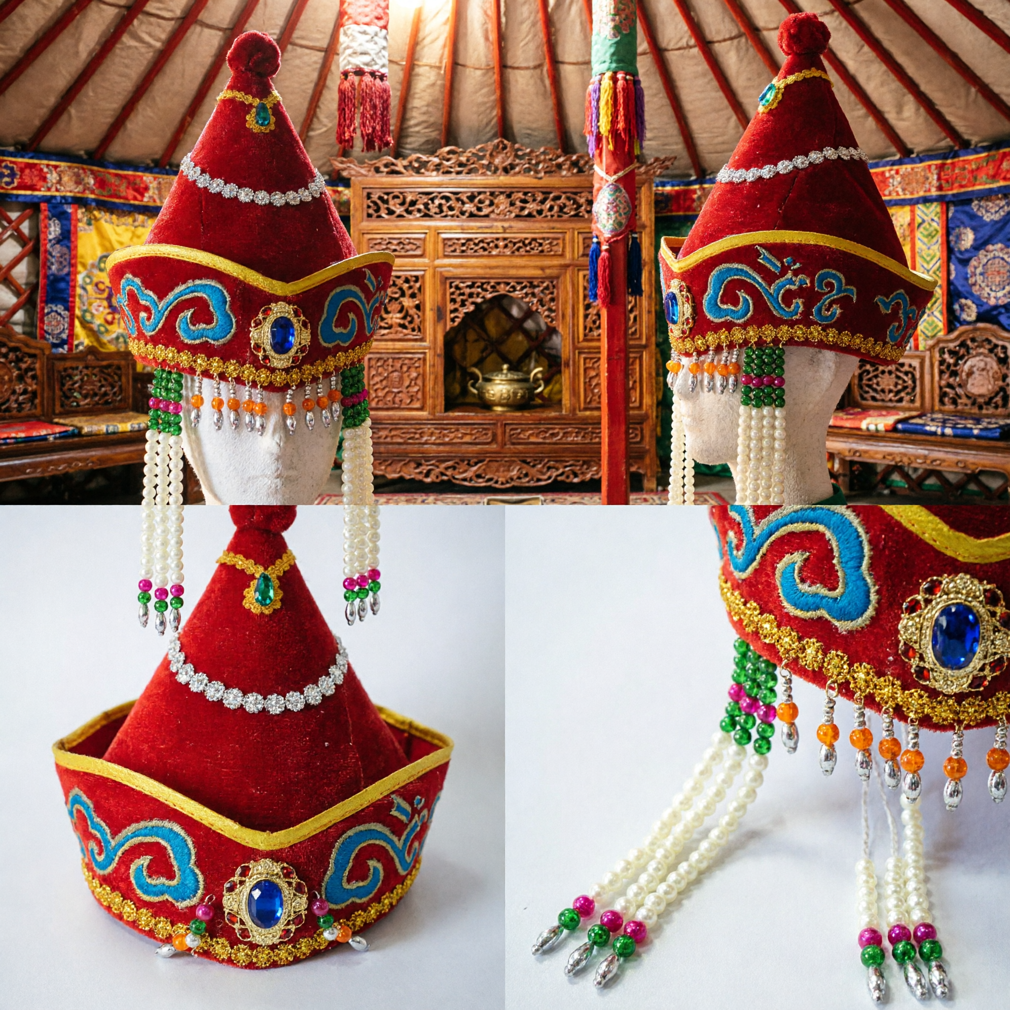 Traditional Chinese Mongolian Red Velvet Princess Hat with Pearl Tassels and Rhinestones for Dance Performance