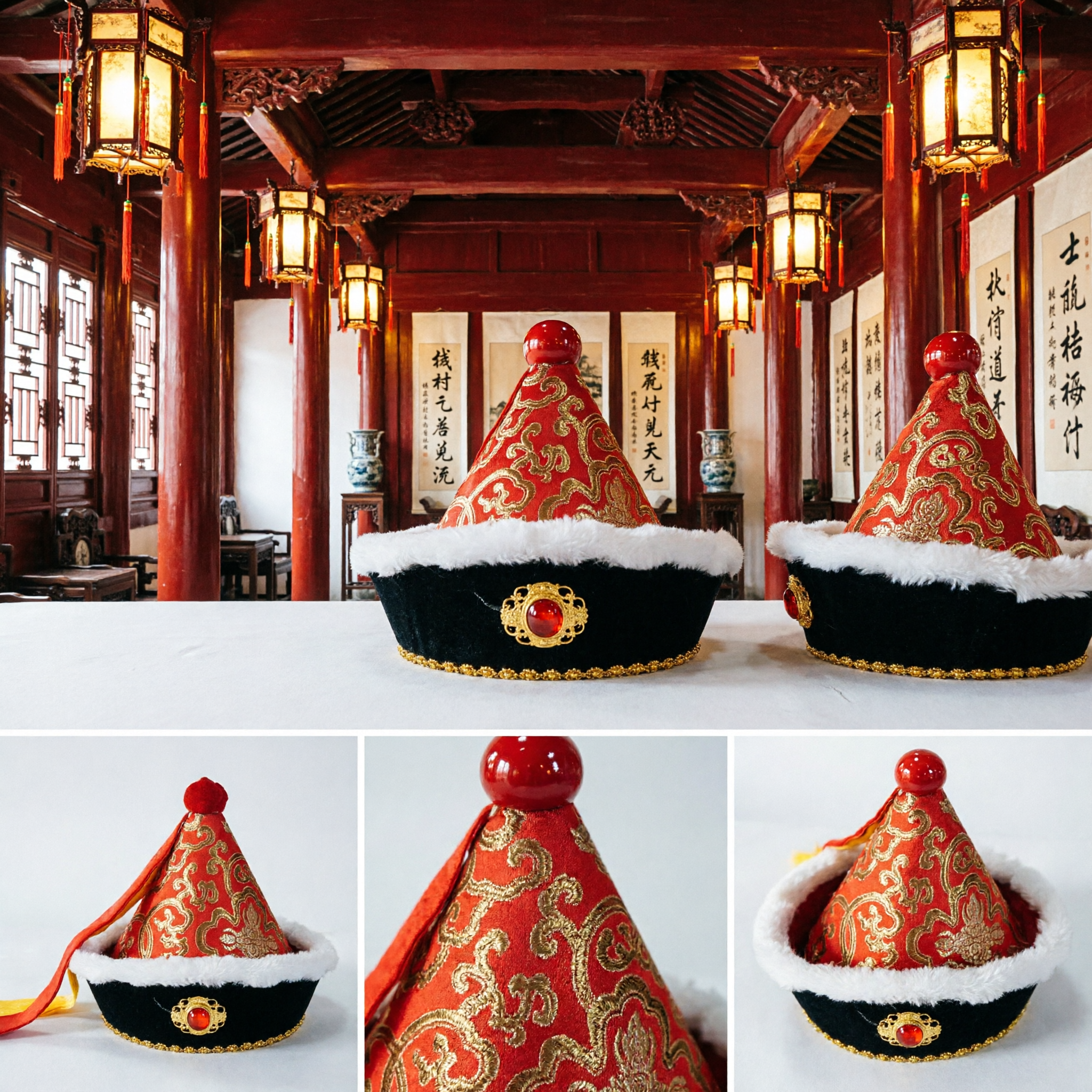 Traditional Chinese Red Conical Hat with Gold Embroidery and Fur Trim for Stage Performance and Cultural Festivals