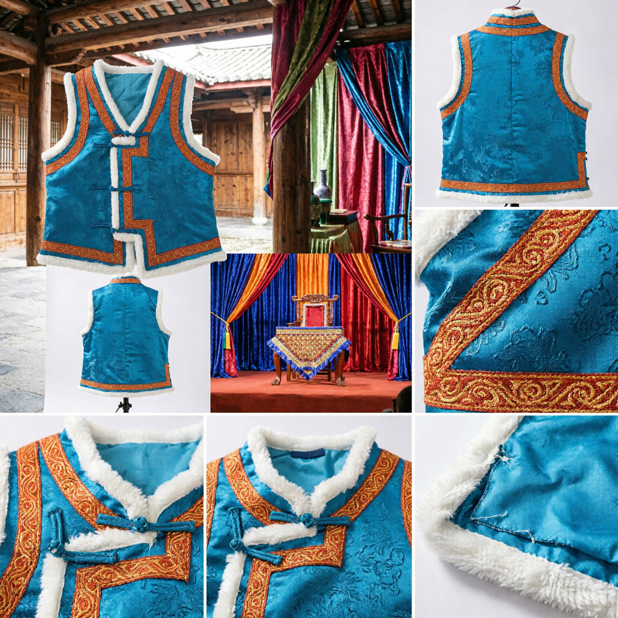 Traditional Chinese Kids Blue Velvet Vest Winter Warm Fur Trim Tang Suit Waistcoat for Festival