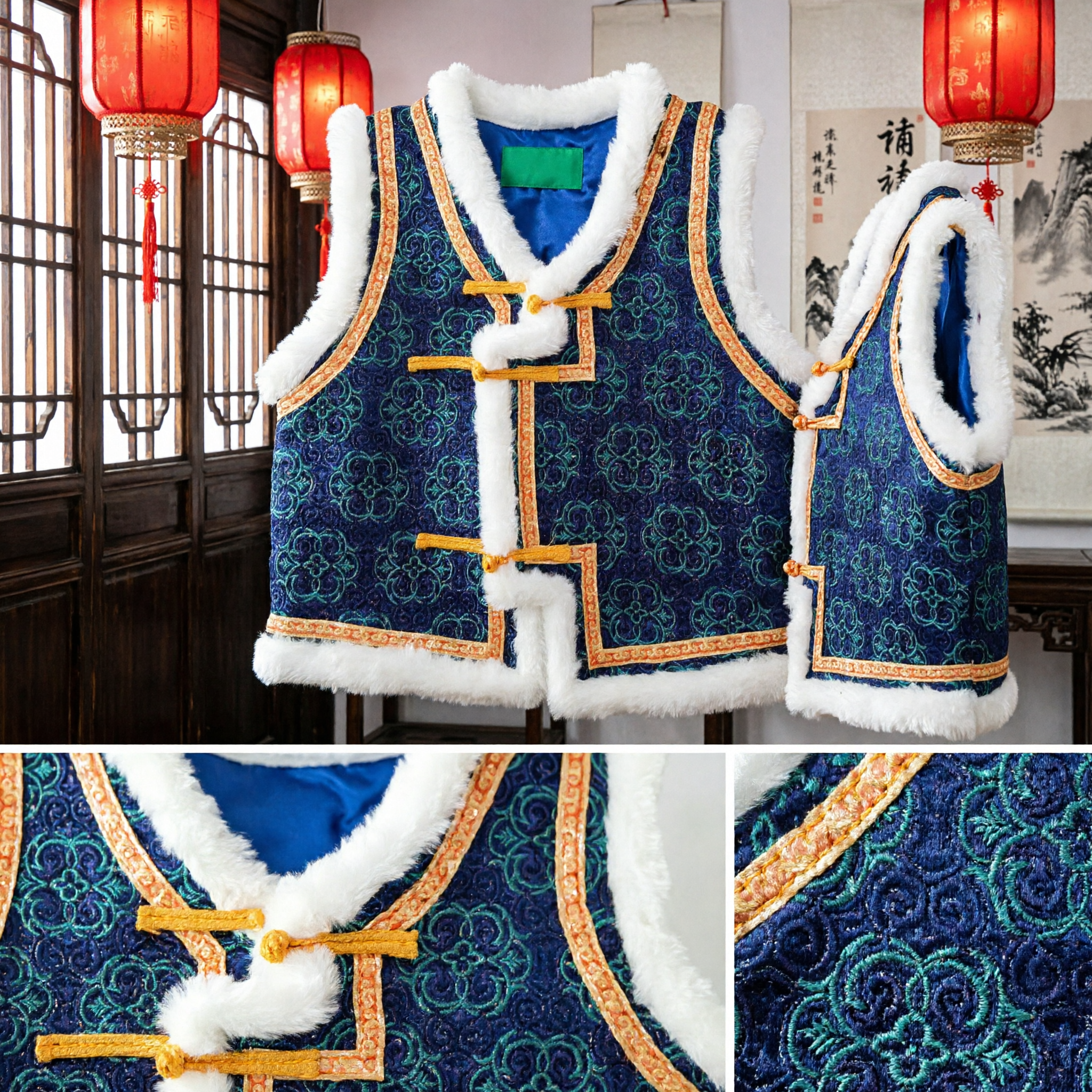 Traditional Chinese Blue Brocade Vest for Kids Winter Warm Mongolian Style Ethnic Dance Costume Waistcoat