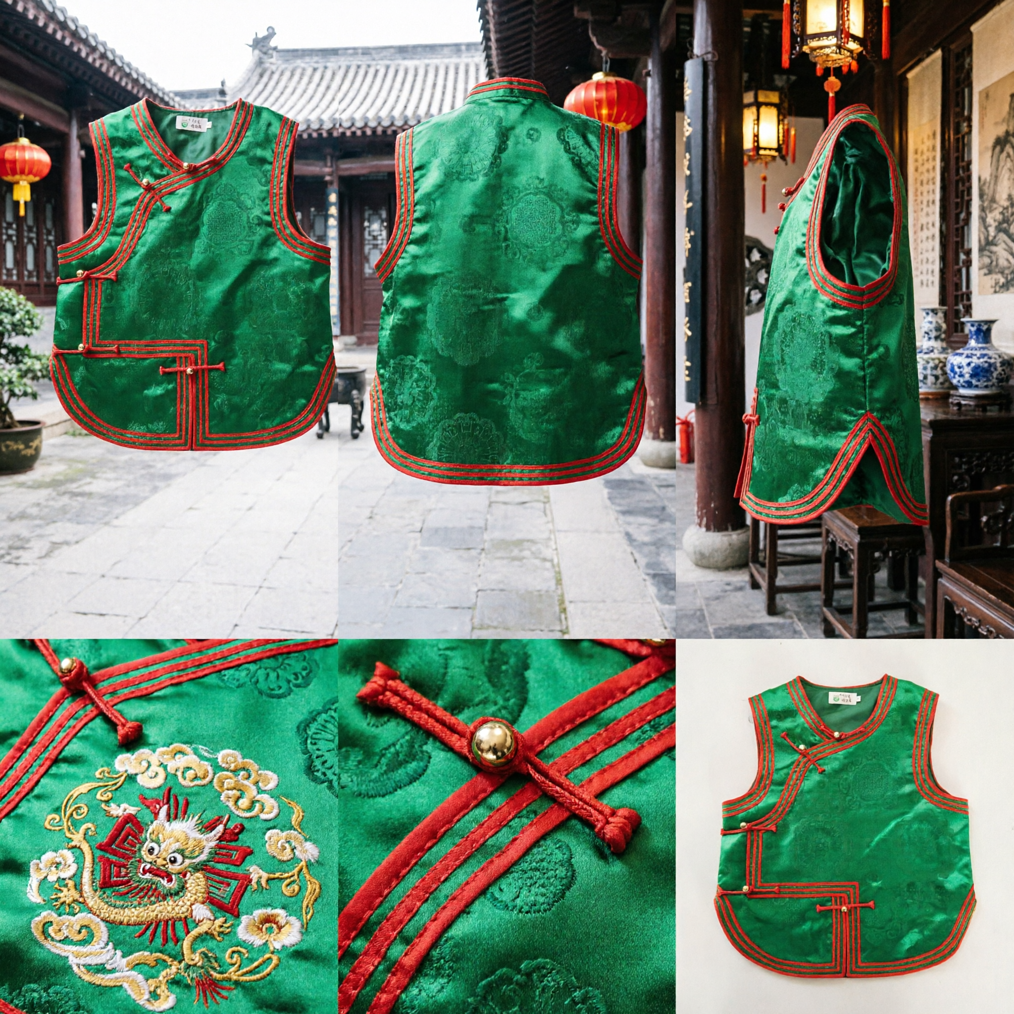 Traditional Chinese Green Brocade Waistcoat Tang Suit Vest for Children Folk Dance Festival Costume