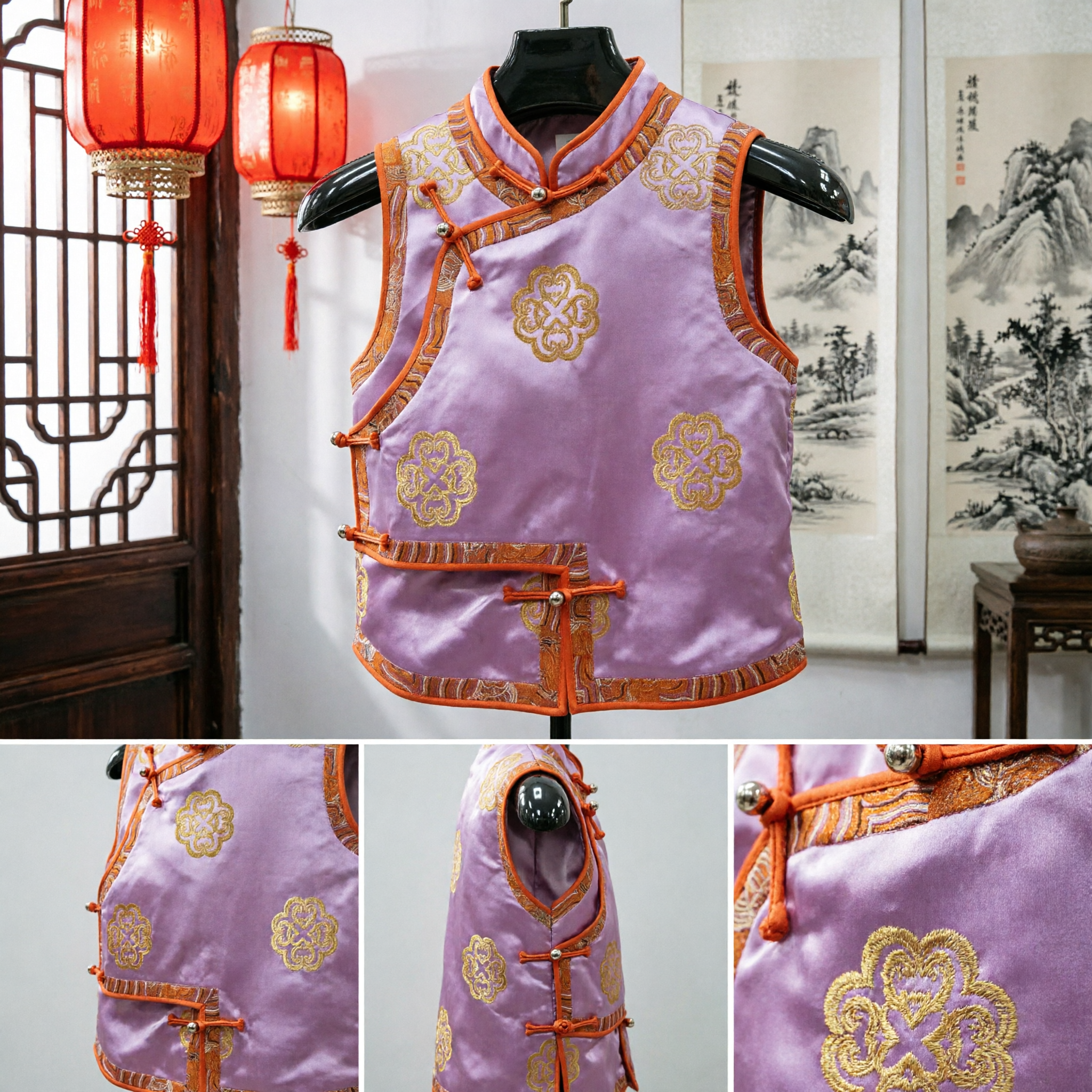 Traditional Chinese Kids Tang Suit Vest Silk Satin Embroidery Waistcoat for New Year Wedding Festival