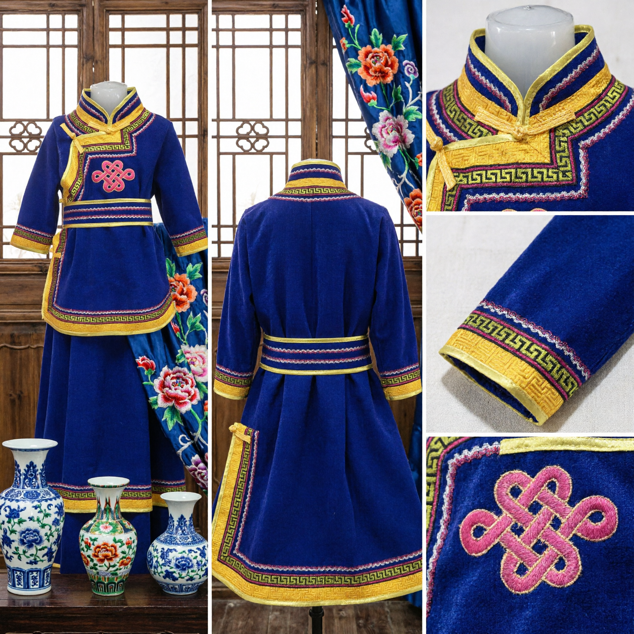 Children's Traditional Mongolian Blue Robe Ethnic Dance Costume with Auspicious Knot Embroidery for Cultural Festivals