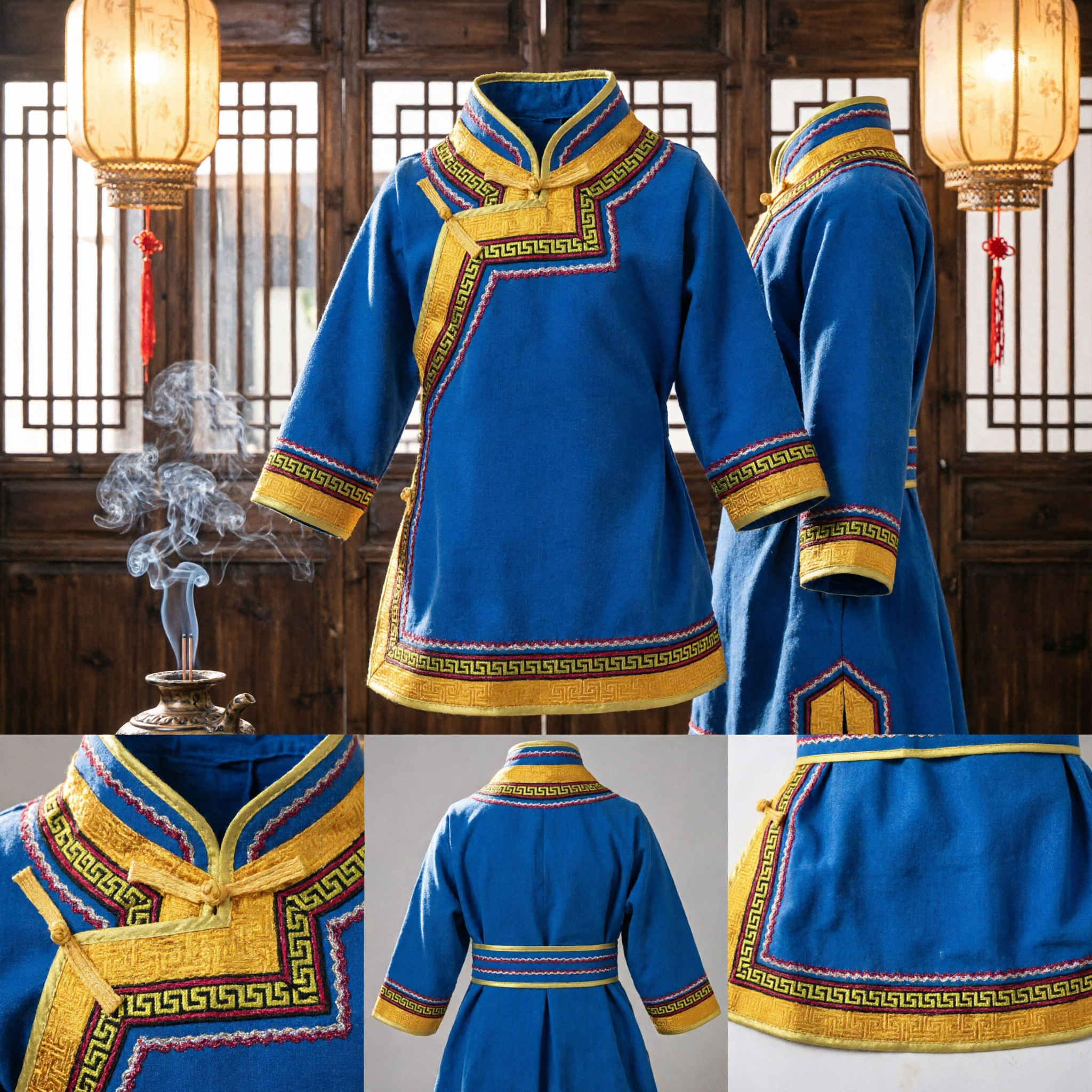 Bright Blue Traditional Mongolian Robe Costume with Gold Trim for Ethnic Dance and Folk Performance