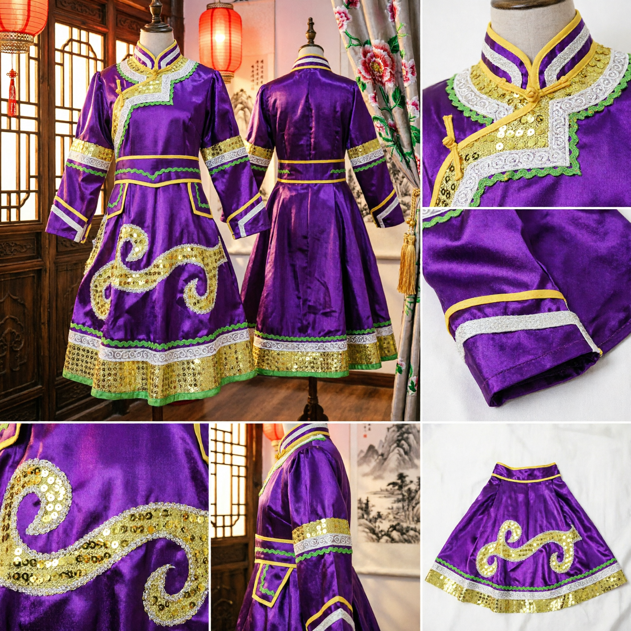 Traditional Chinese Purple Satin Mongolian Dance Costume with Gold Sequin Trim for Stage Performance