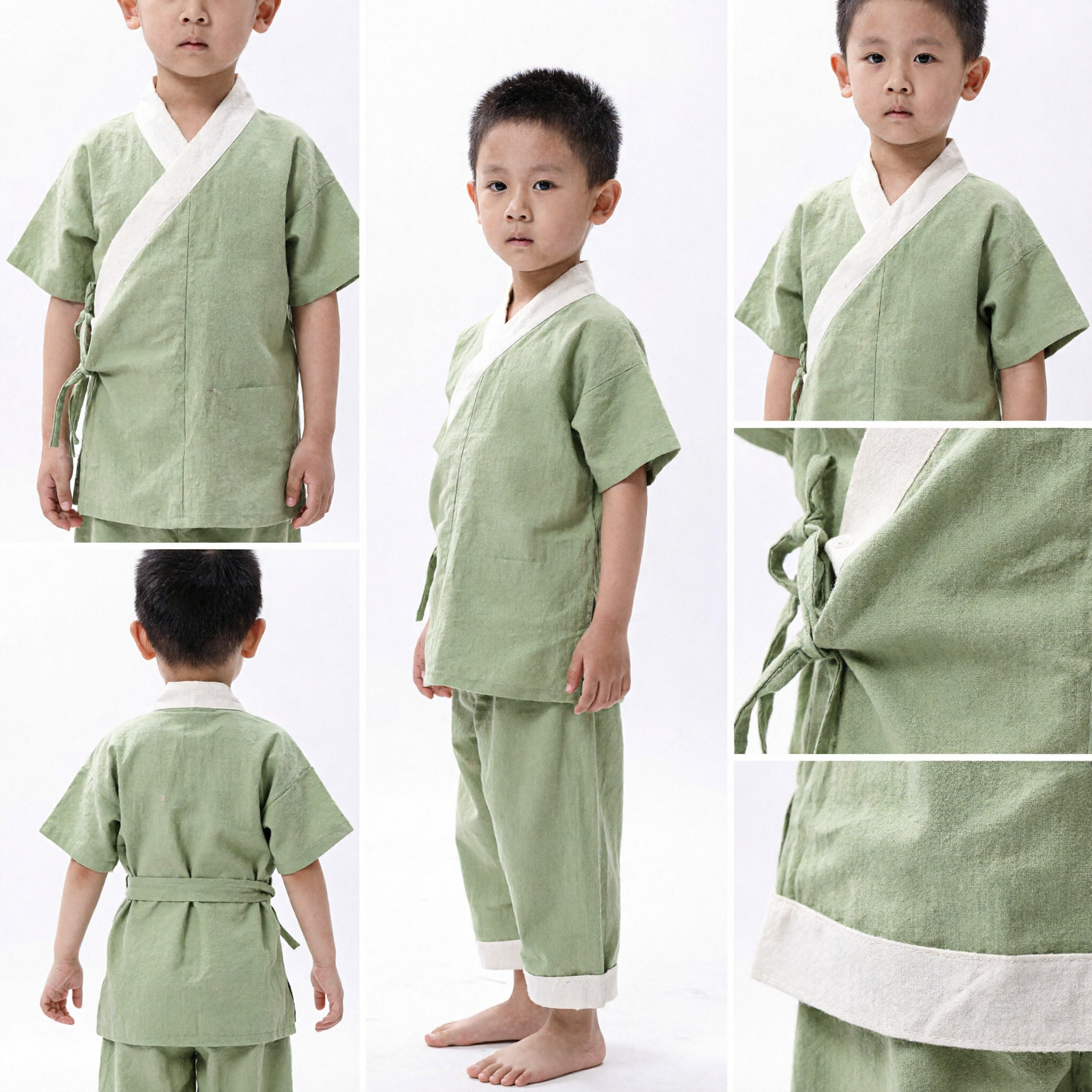 Boys Traditional Chinese Hanfu Kung Fu Suit Green Linen Cotton Martial Arts Costume Kids Summer Outfit