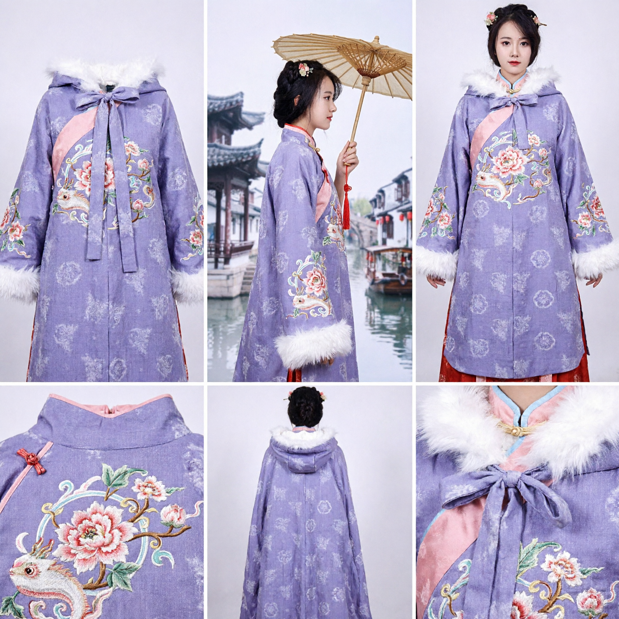 Traditional Chinese Hanfu Purple Fur Trim Cloak Winter Doupeng Cape for Women Ancient Costume Cosplay