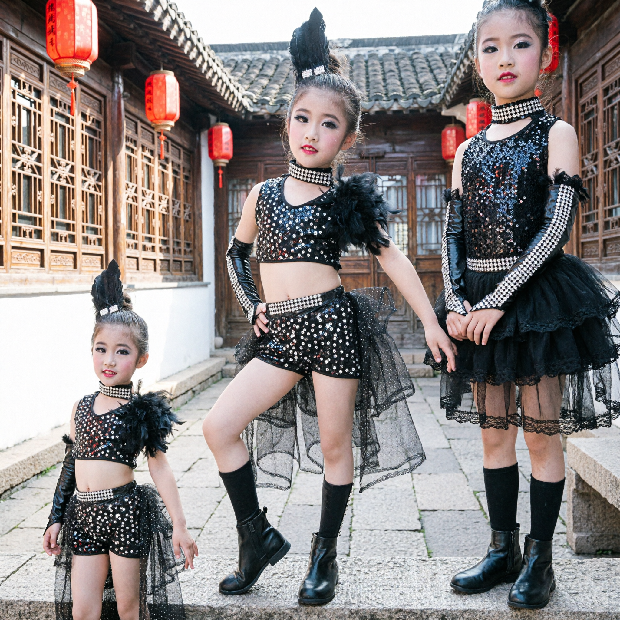 Girls Black Sequin Jazz Dance Costume with Tulle Skirt and Feathers for Kids Stage Performance
