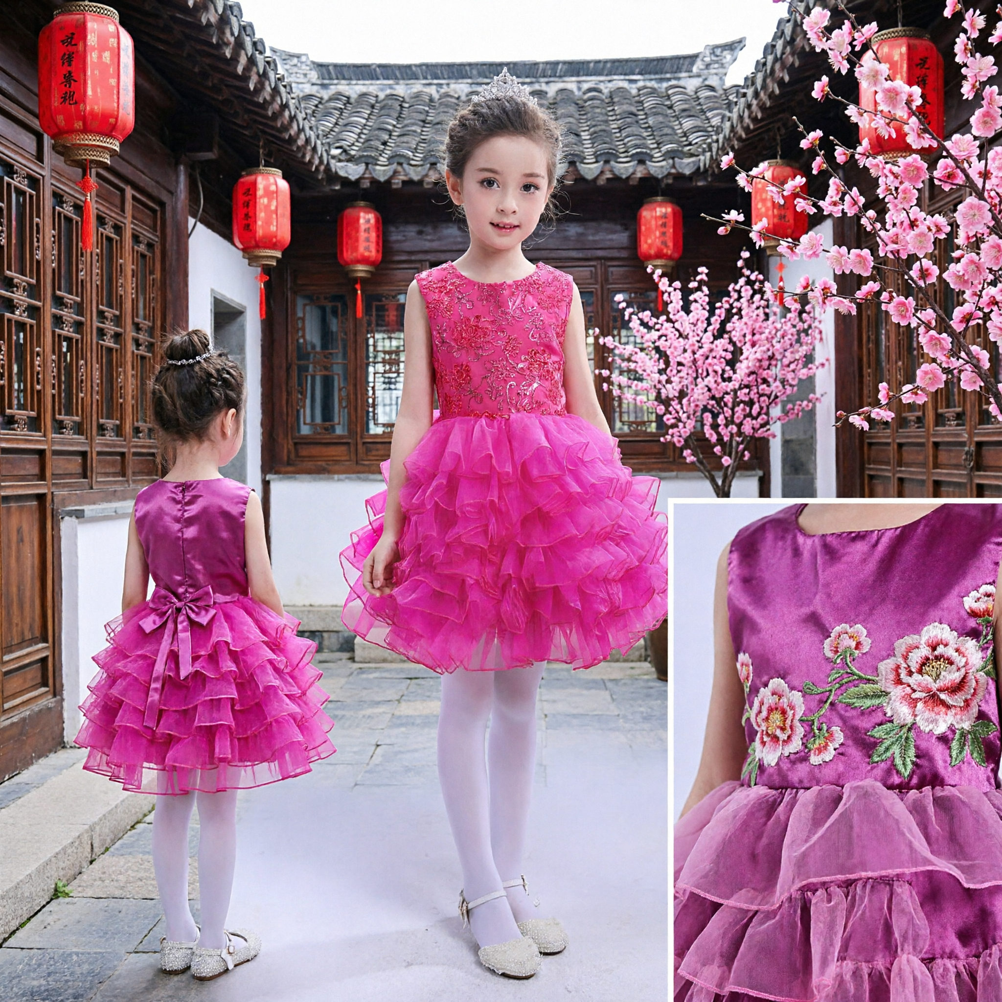 Girls Rose Red Sequin Princess Dress Sleeveless Ruffle Tulle Skirt Formal Party Wedding Flower Girl Gown