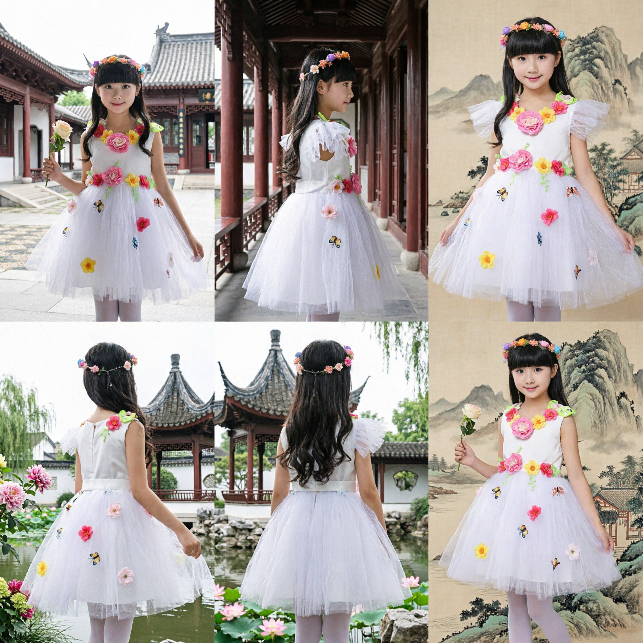 Girls White Floral Tutu Dress with Butterfly Embroidery for Dance Performance and Stage Costume