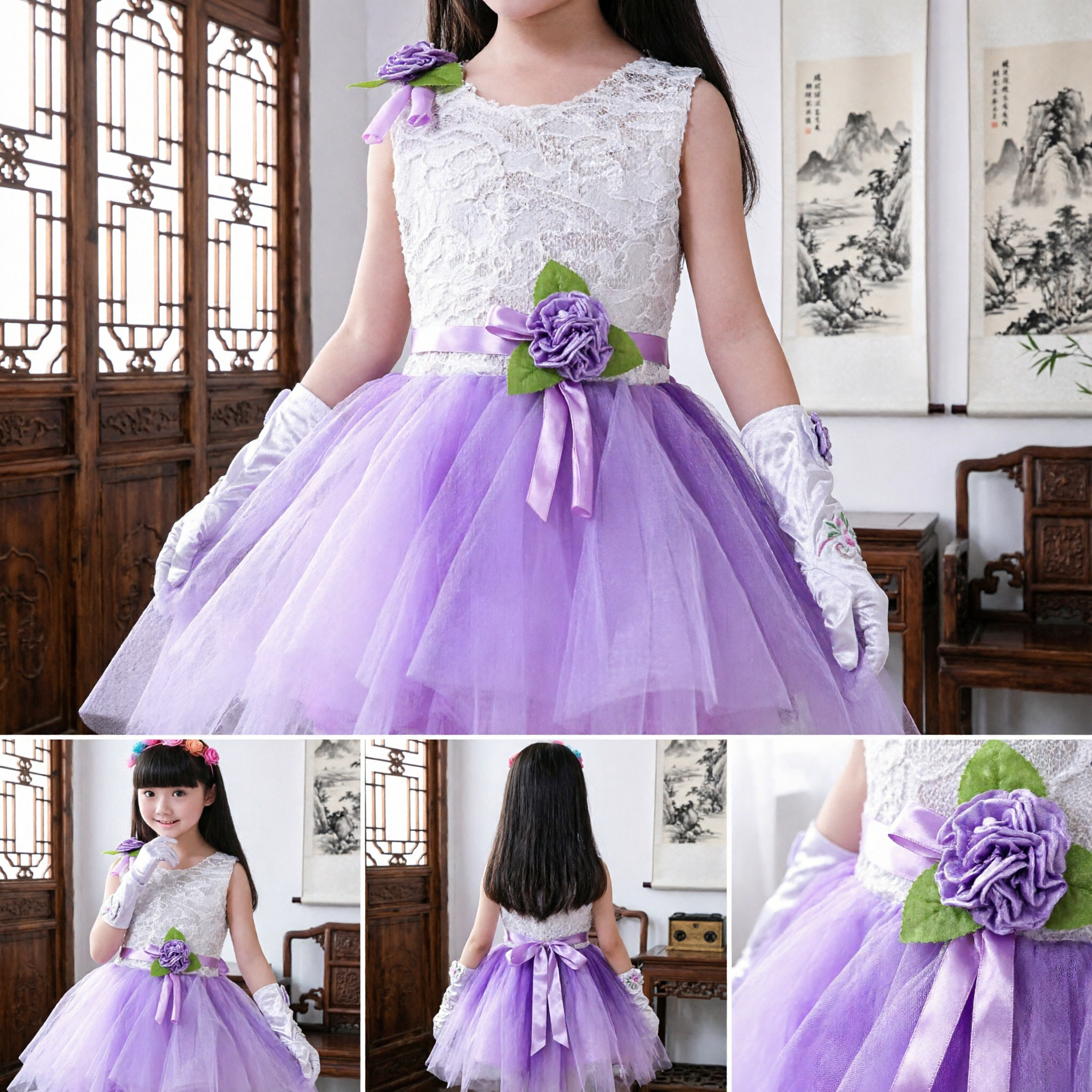 Girls Silver Sequin Bodice Purple Tulle Tutu Dress with Floral Headband for Stage Performance