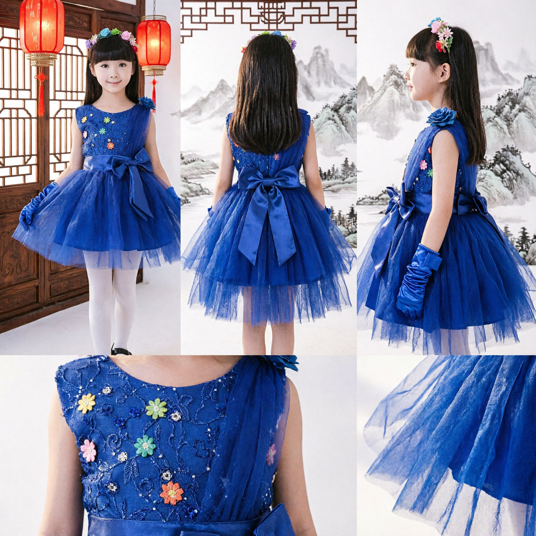Royal Blue Girls Tutu Dress Sequin Bodice Tulle Skirt Bow Party Performance Stage Costume