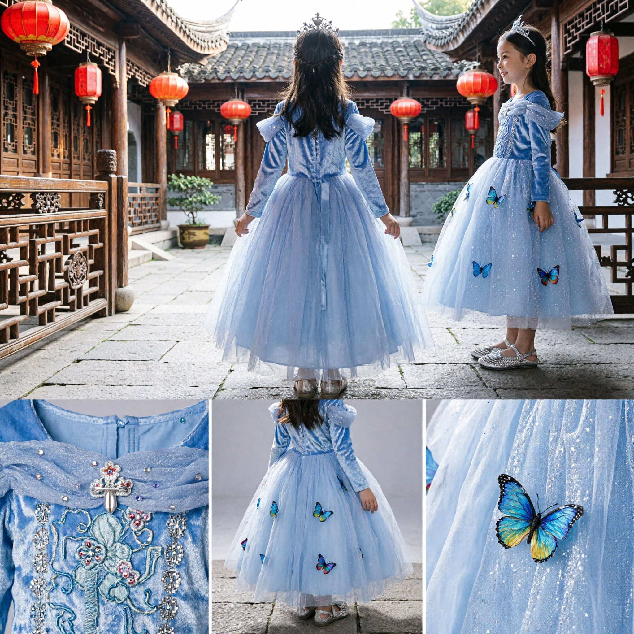 Elegant Girls Blue Princess Dress Cinderella Style Ball Gown with Butterflies for Birthday Party Halloween Cosplay