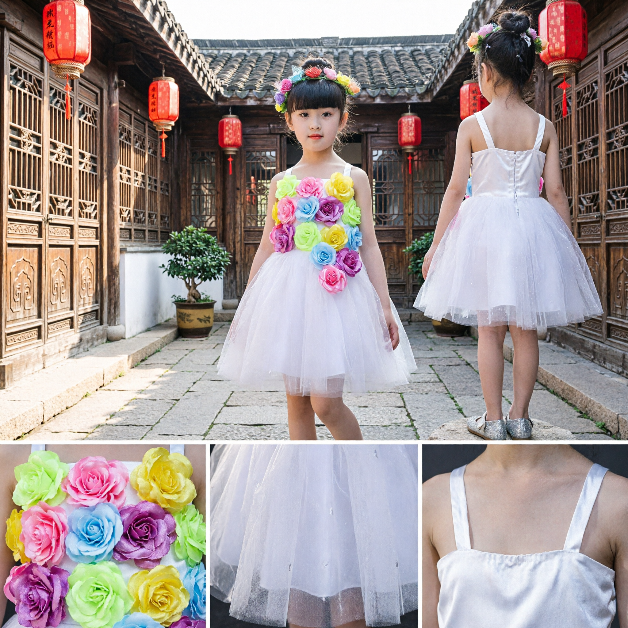 Kids Girls White Tulle Dress Colorful 3D Rose Flowers Party Performance Stage Costume Flower Girl Outfit