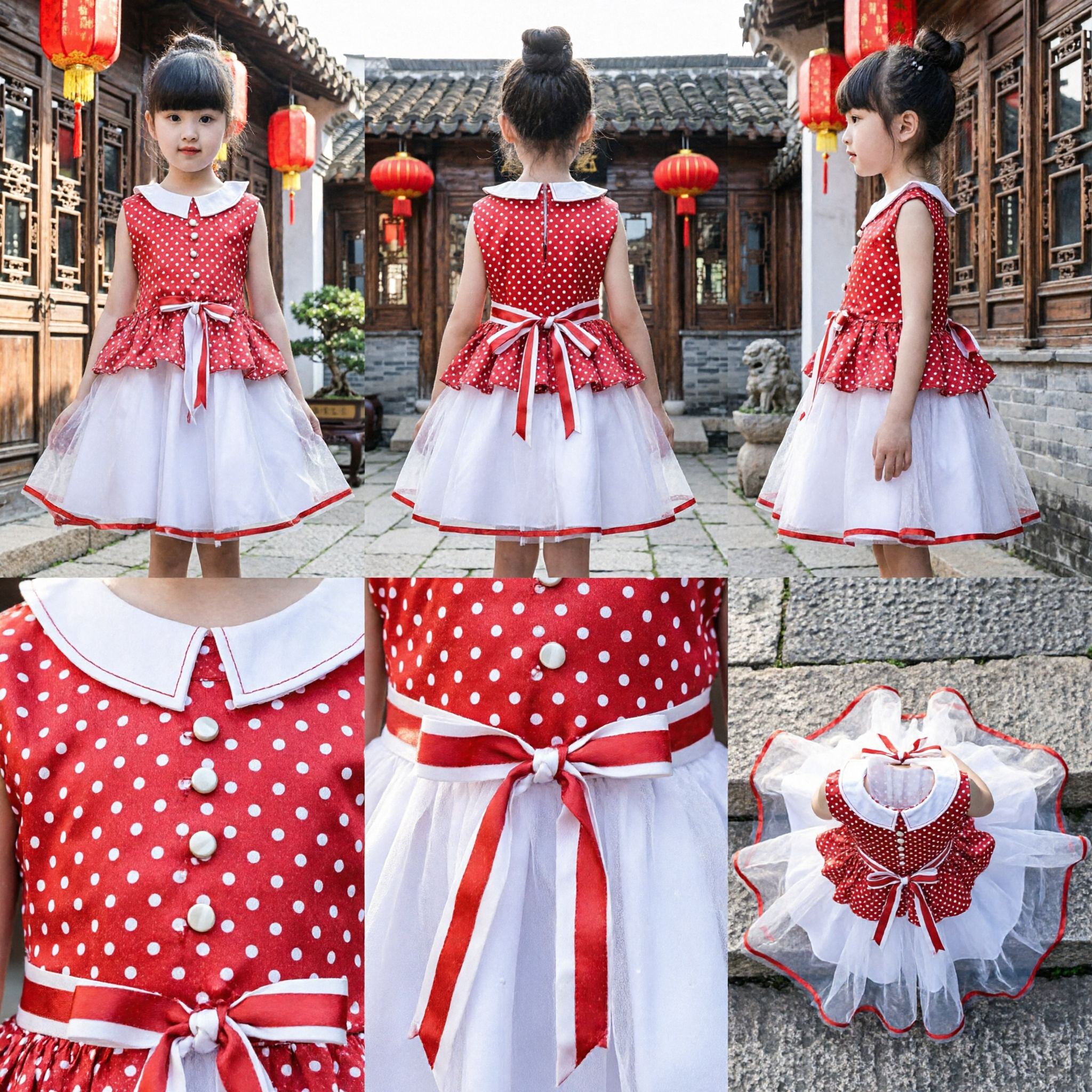 Kids Girls Red Polka Dot Sleeveless Dress White Tulle Skirt Stage Performance Party Costume
