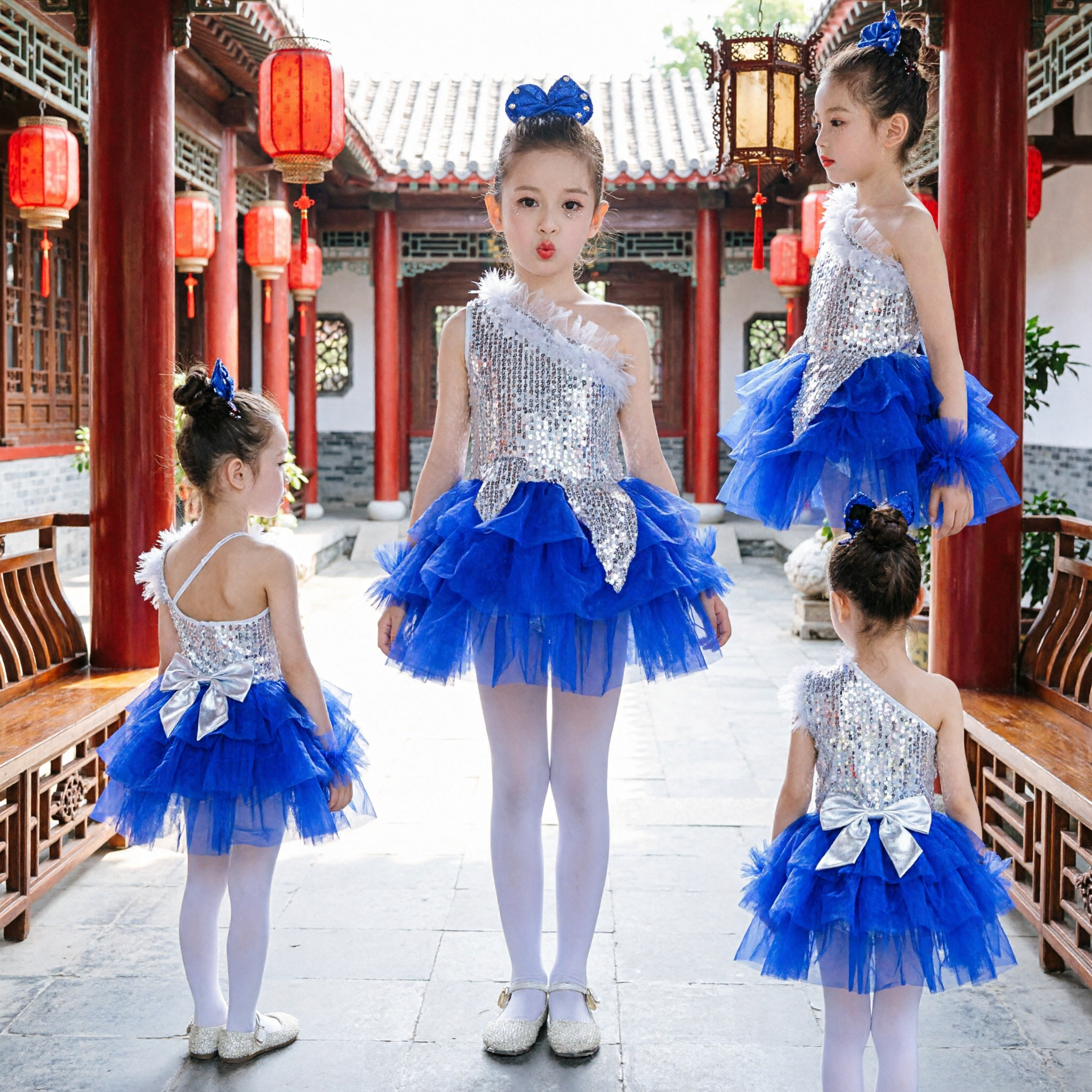 Kids Girls Royal Blue Sequin One-Shoulder Dance Costume Layered Tulle Tutu Dress for Stage Performance