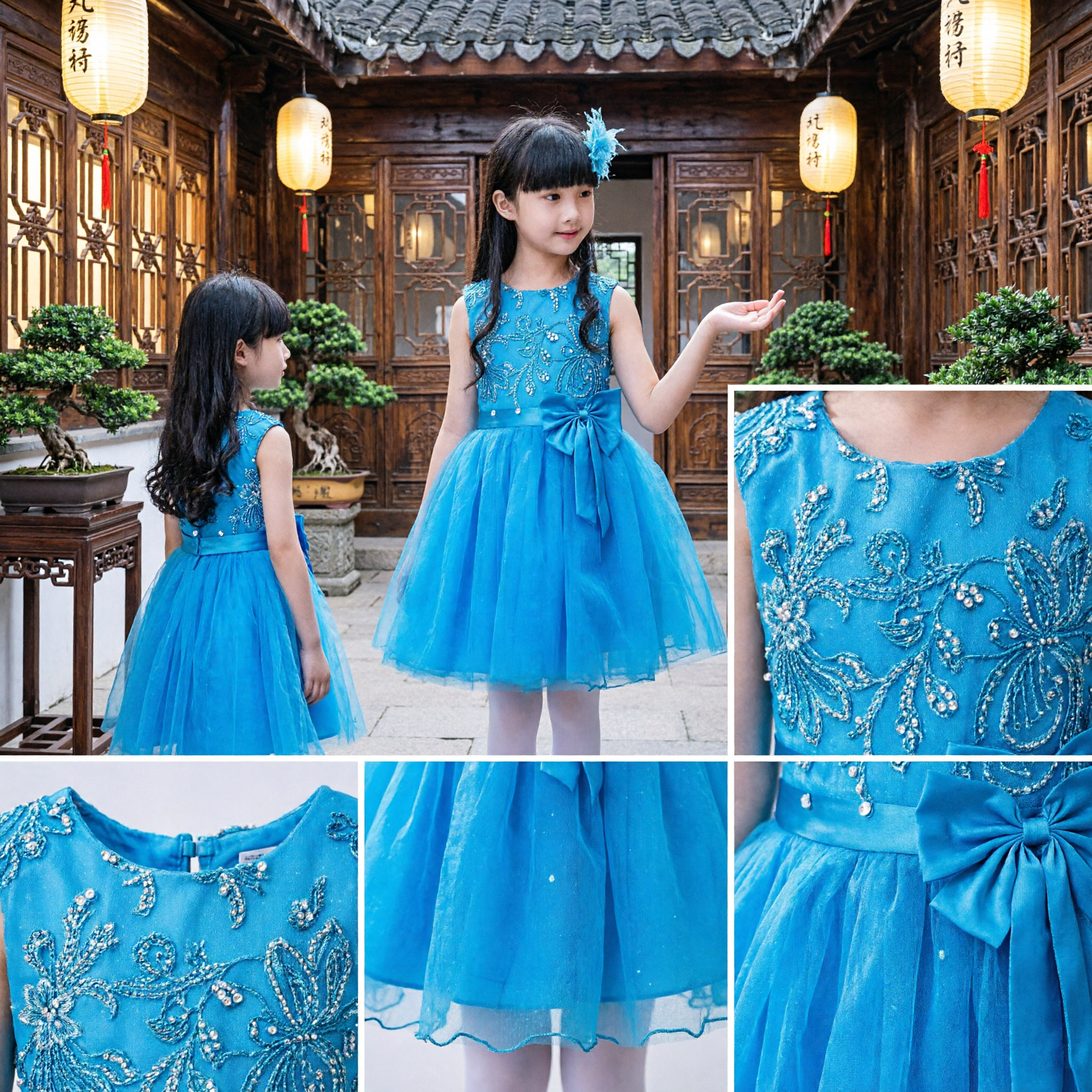 Girls Blue Princess Party Dress Sequin Bodice Tulle Skirt Wedding Flower Girl Performance Costume