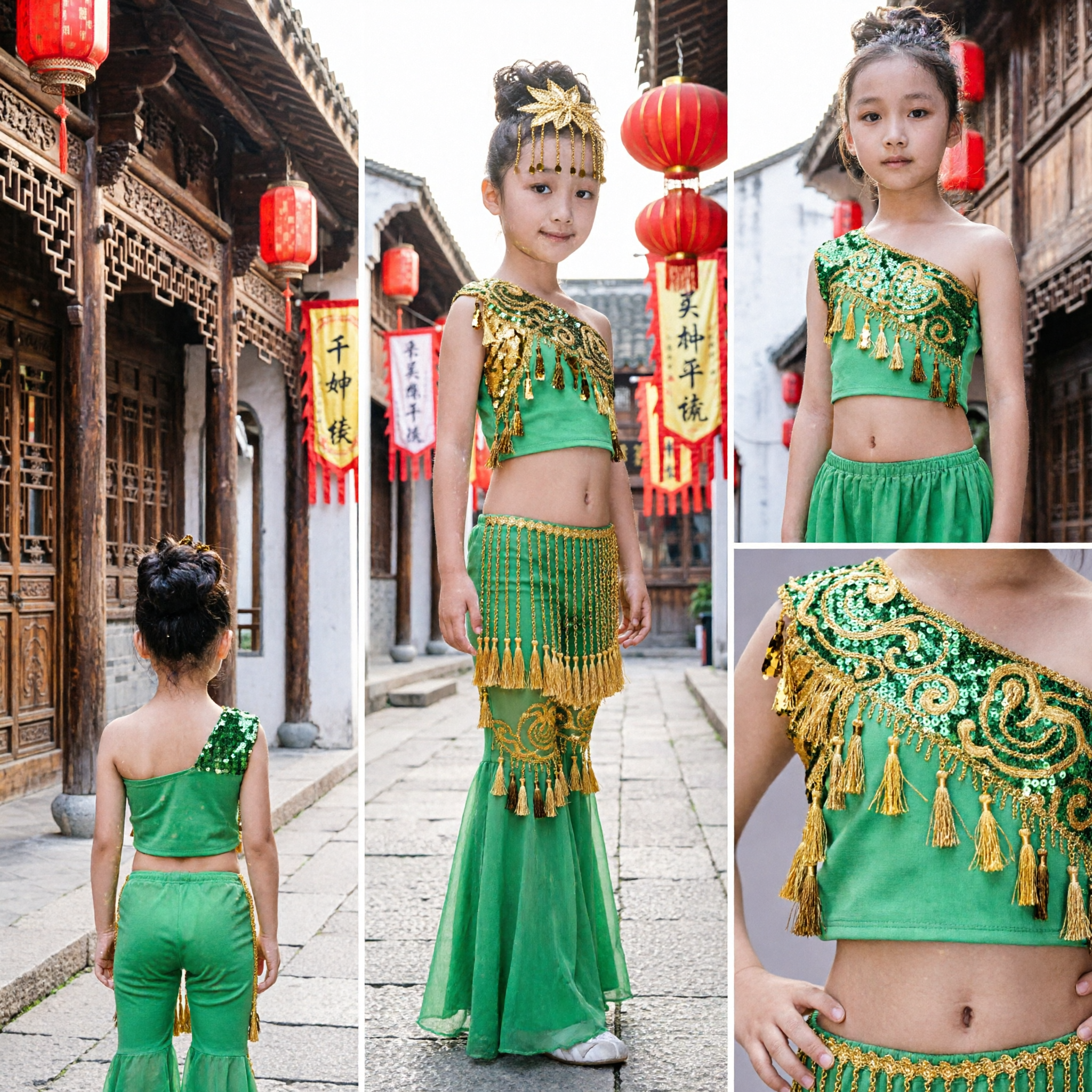 Girls Green Dai Peacock Dance Costume Kids Traditional Chinese Ethnic Stage Performance Outfit Set