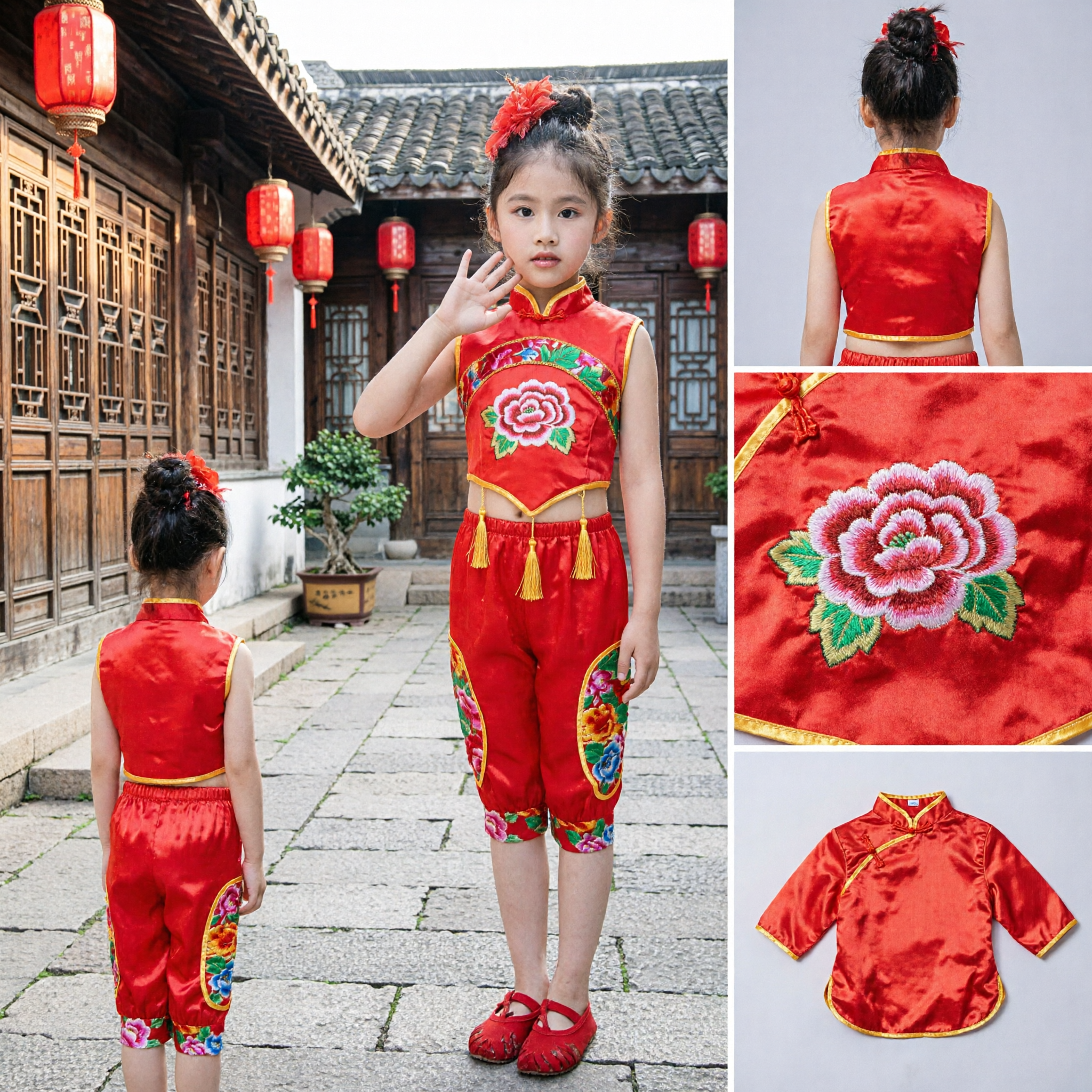 Kids Chinese Traditional Dance Costume Red Floral Embroidery Cheongsam Set for Girls Folk Performance